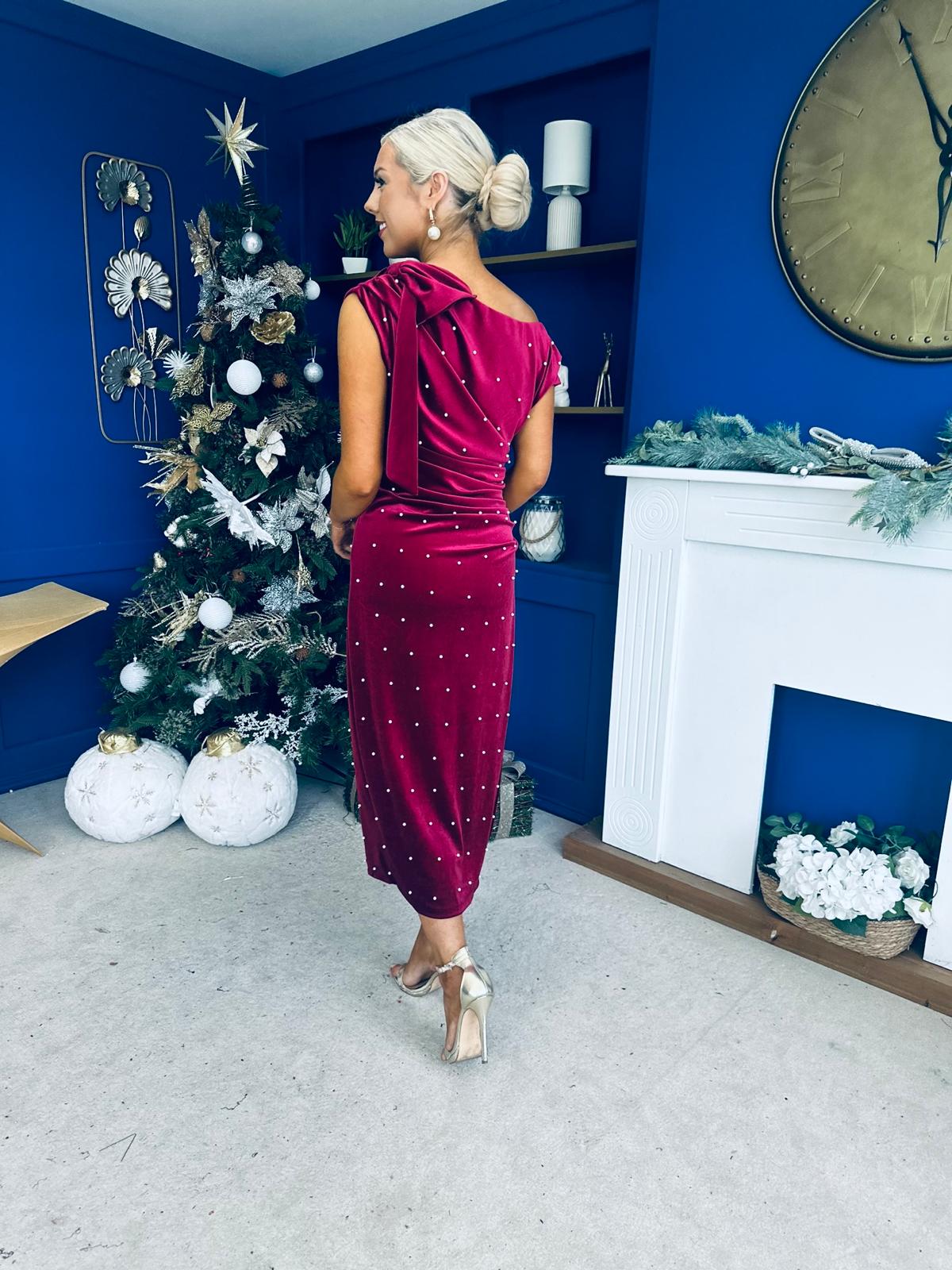 Nicole Bow Detail Pearl Embellished Dress Wine