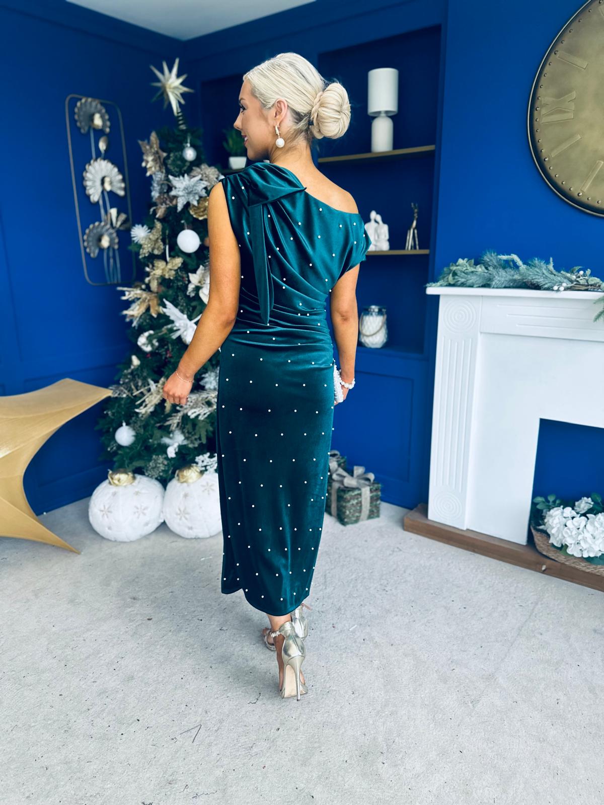 Nicole Bow Detail Pearl Embellished Dress Forest