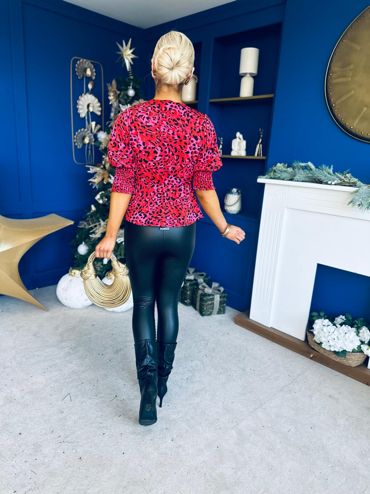 Eliza Shirred Cuff Wrap Top Red Pink Animal