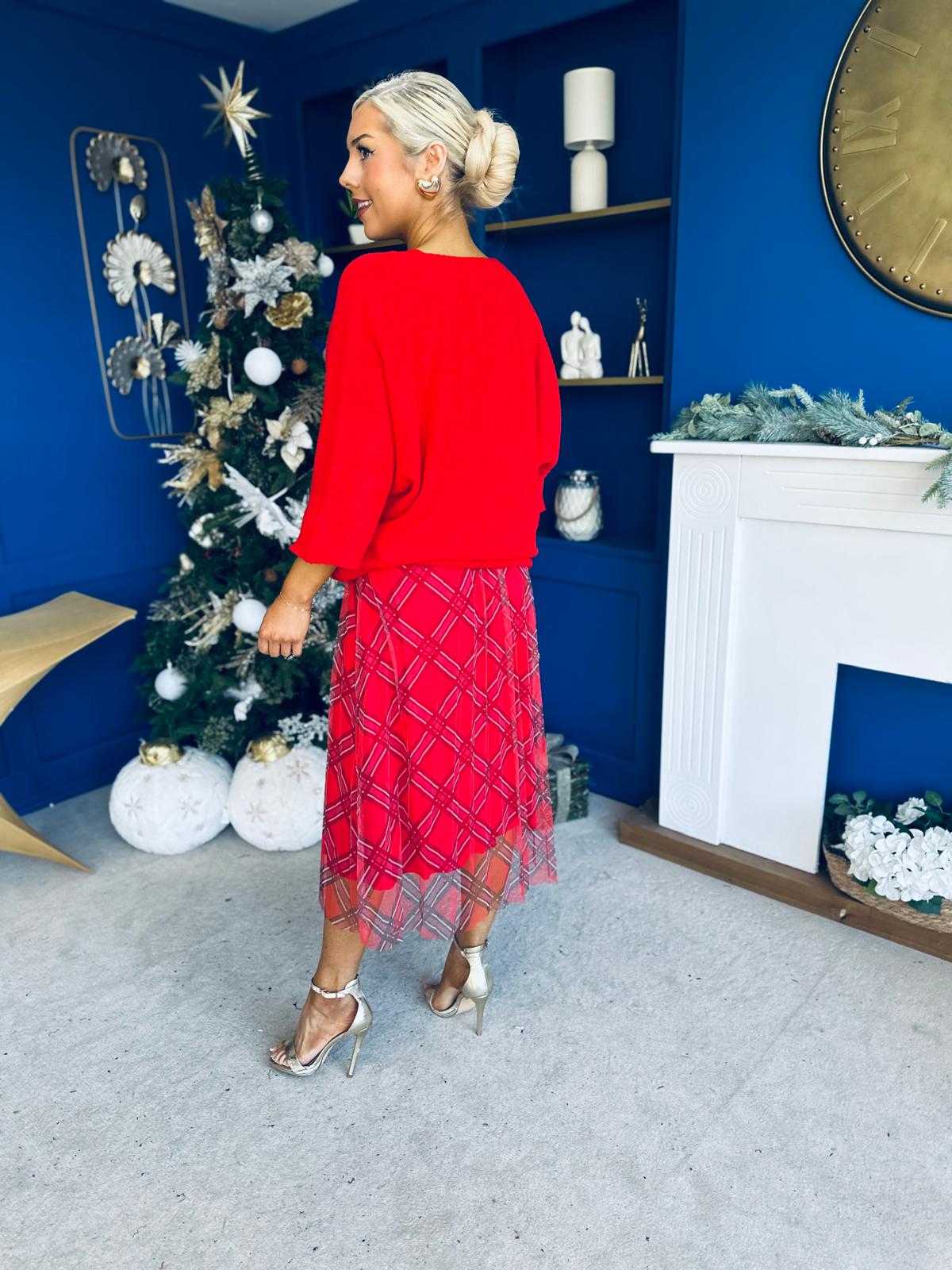 Crystal Knit & Tulle Midi Dress Red