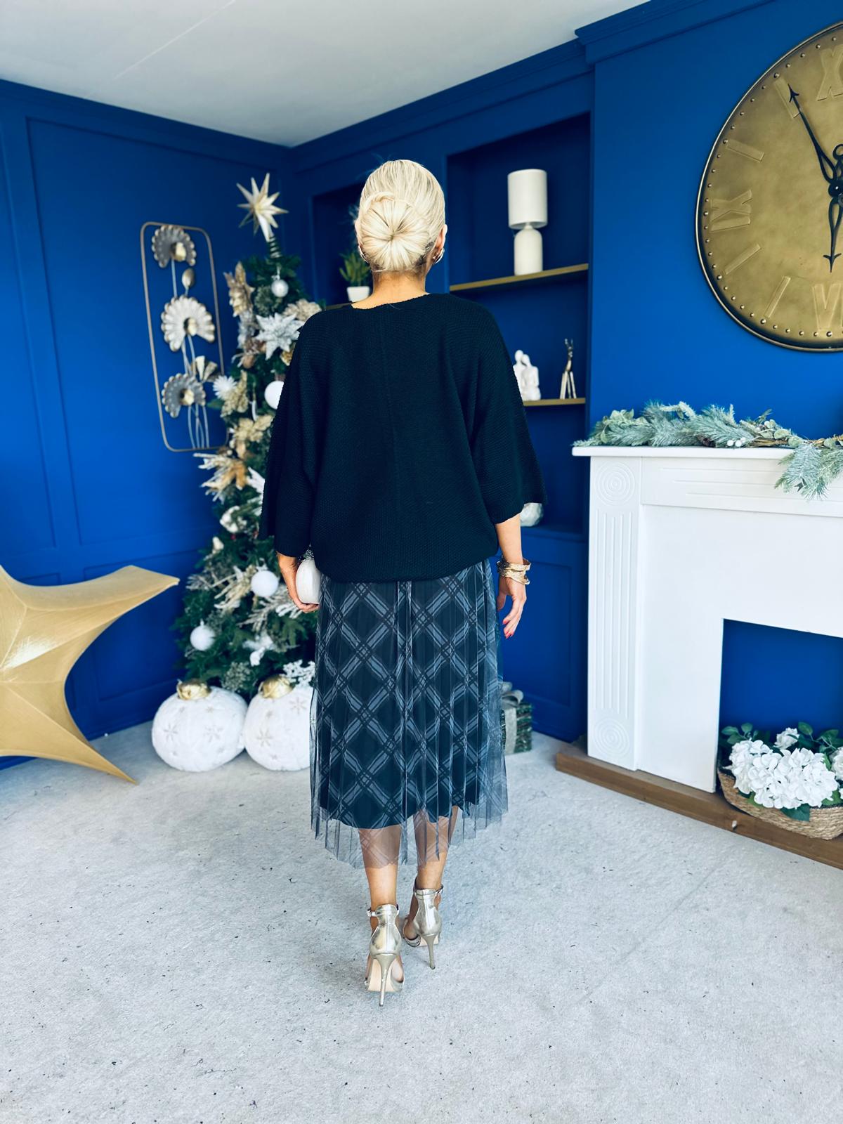 Crystal Knit & Tulle Midi Dress Black