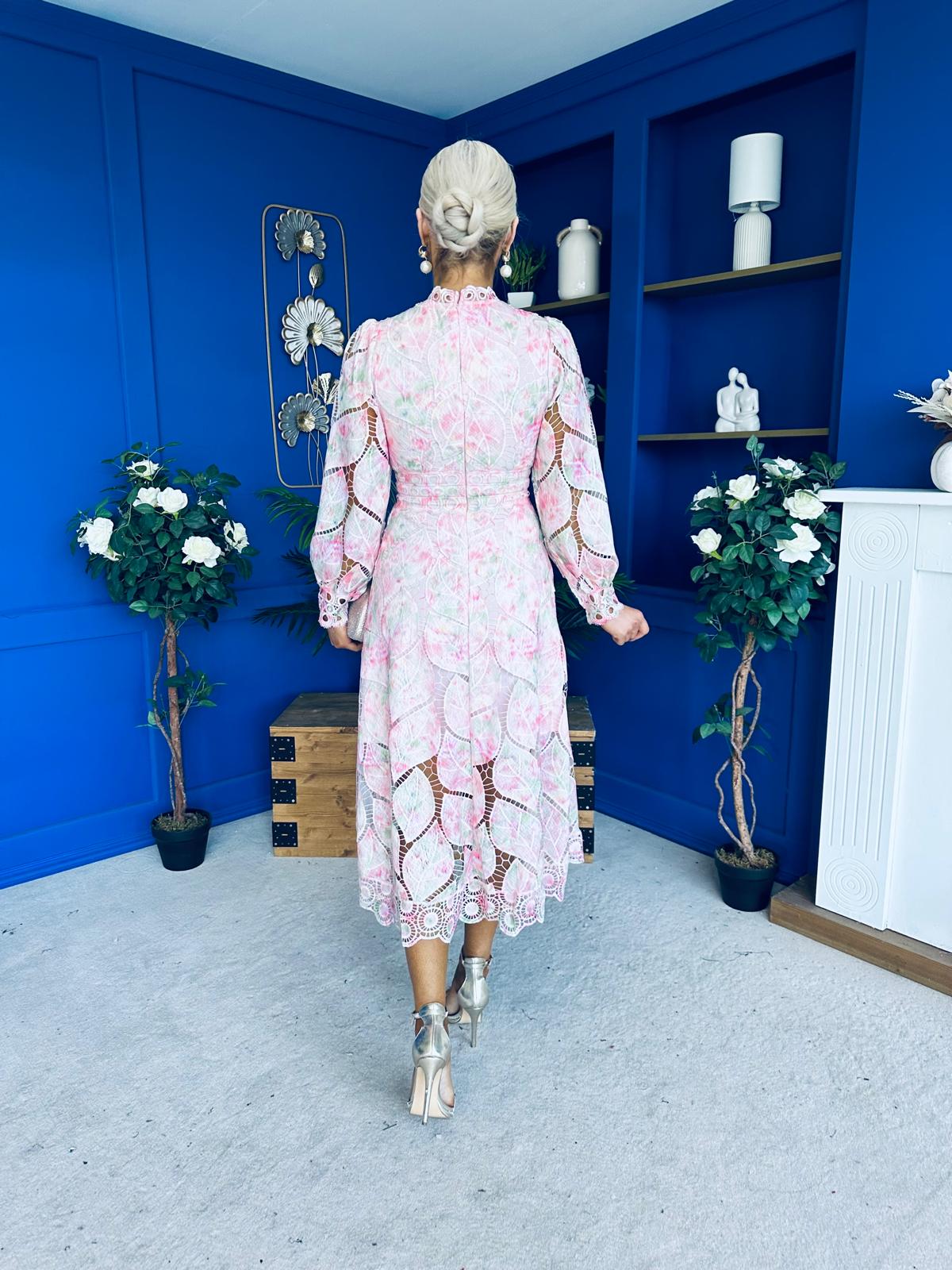 Sarah Detailed Crochet Occasion Dress Pink