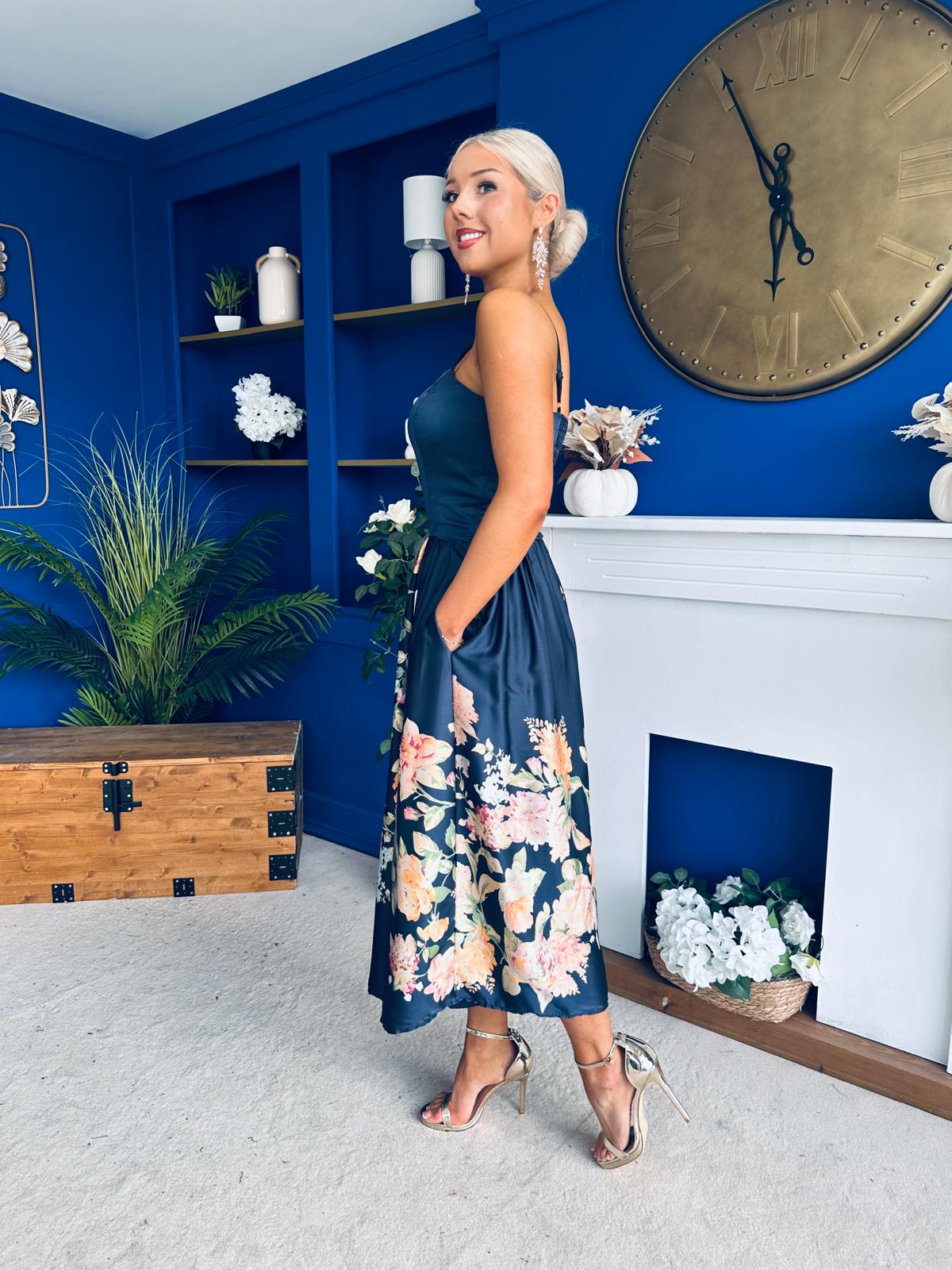 Emma Print Detail Strappy Midi Dress Floral Navy