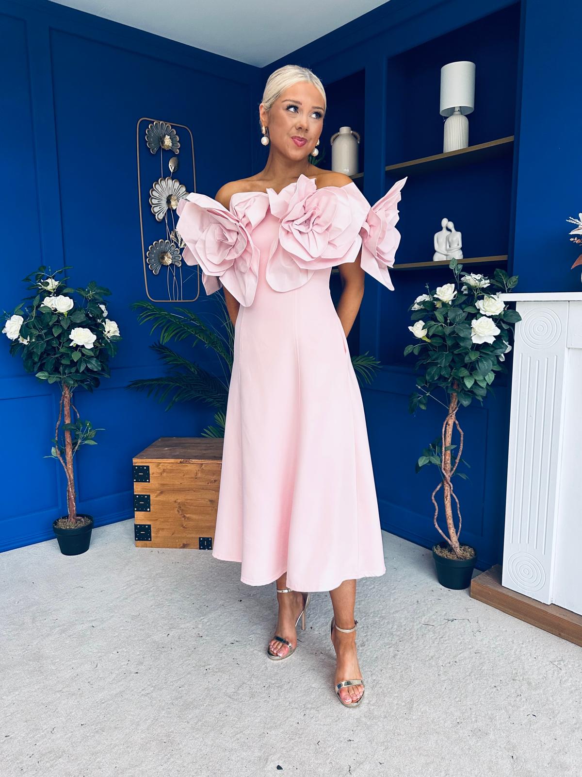 Jackie Floral Detail Occasion Midi Dress Pwr Pink – Canella Lane