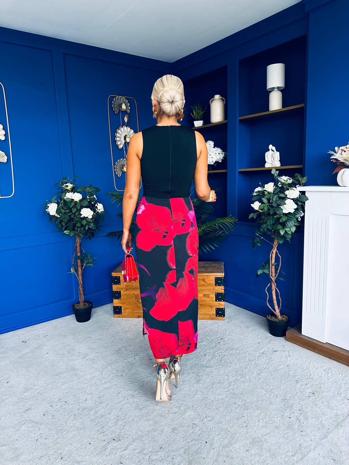 Terri Floral Print 2 in 1 Bow Detail Midi Dress Red