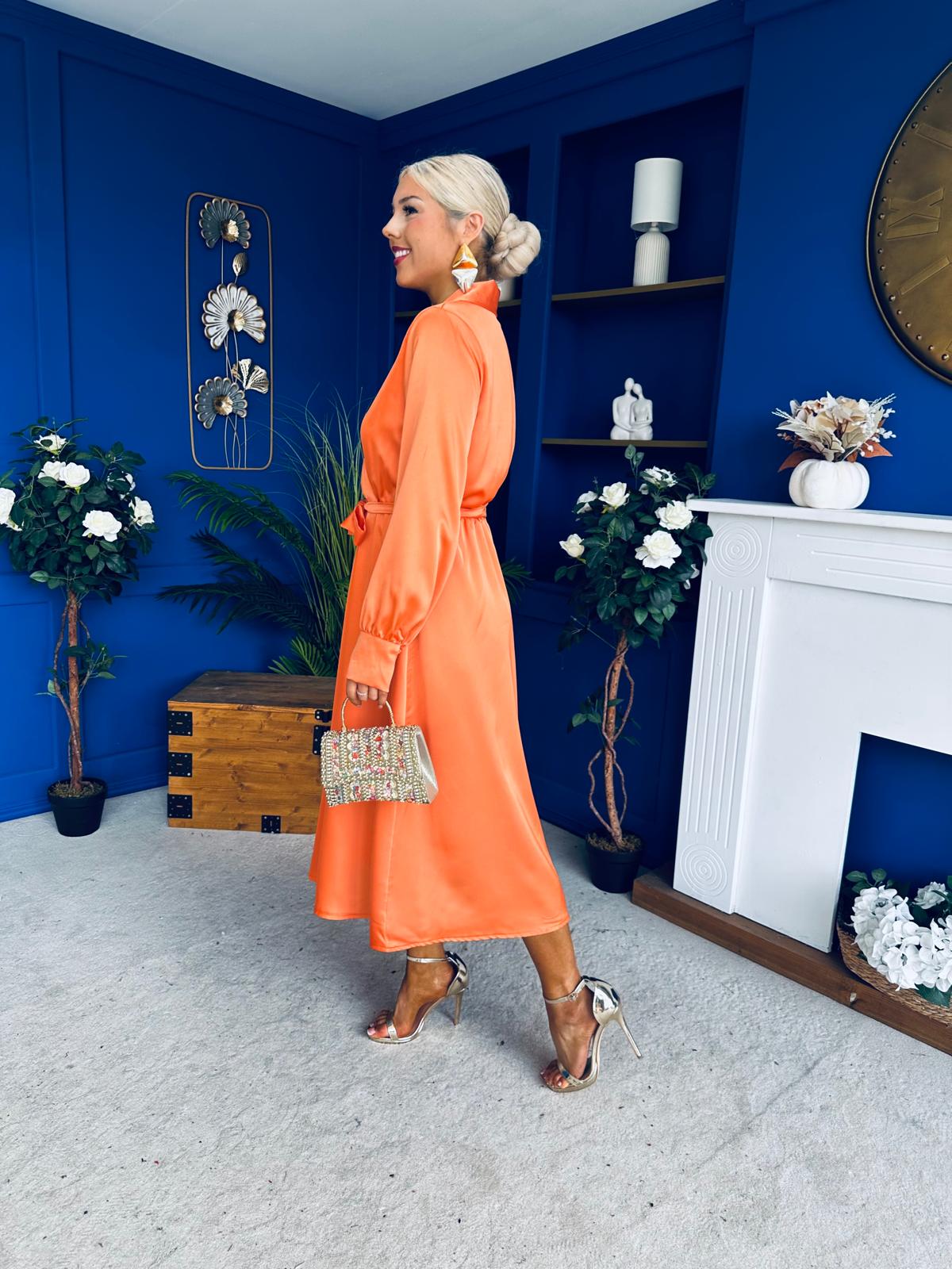 Sadhbh Detailed Satin Midi Dress Amber