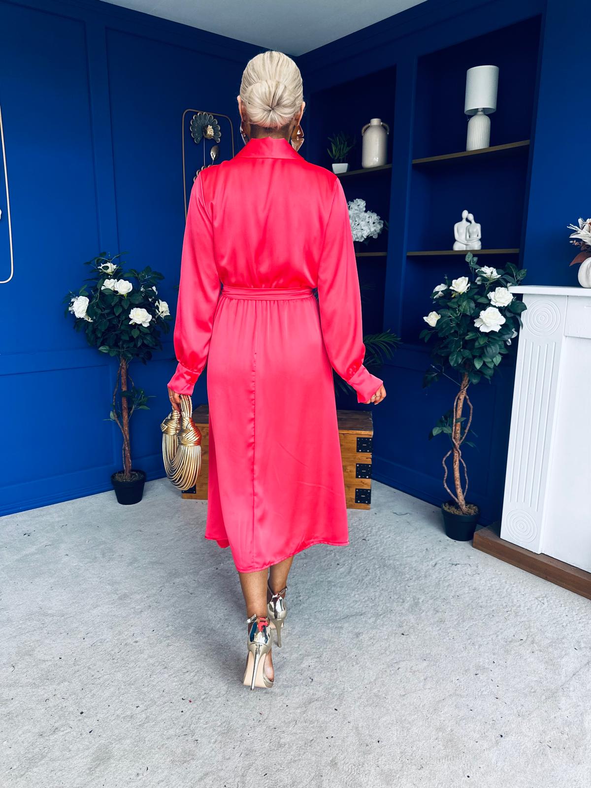 Sadhbh Detailed Satin Midi Dress Coral