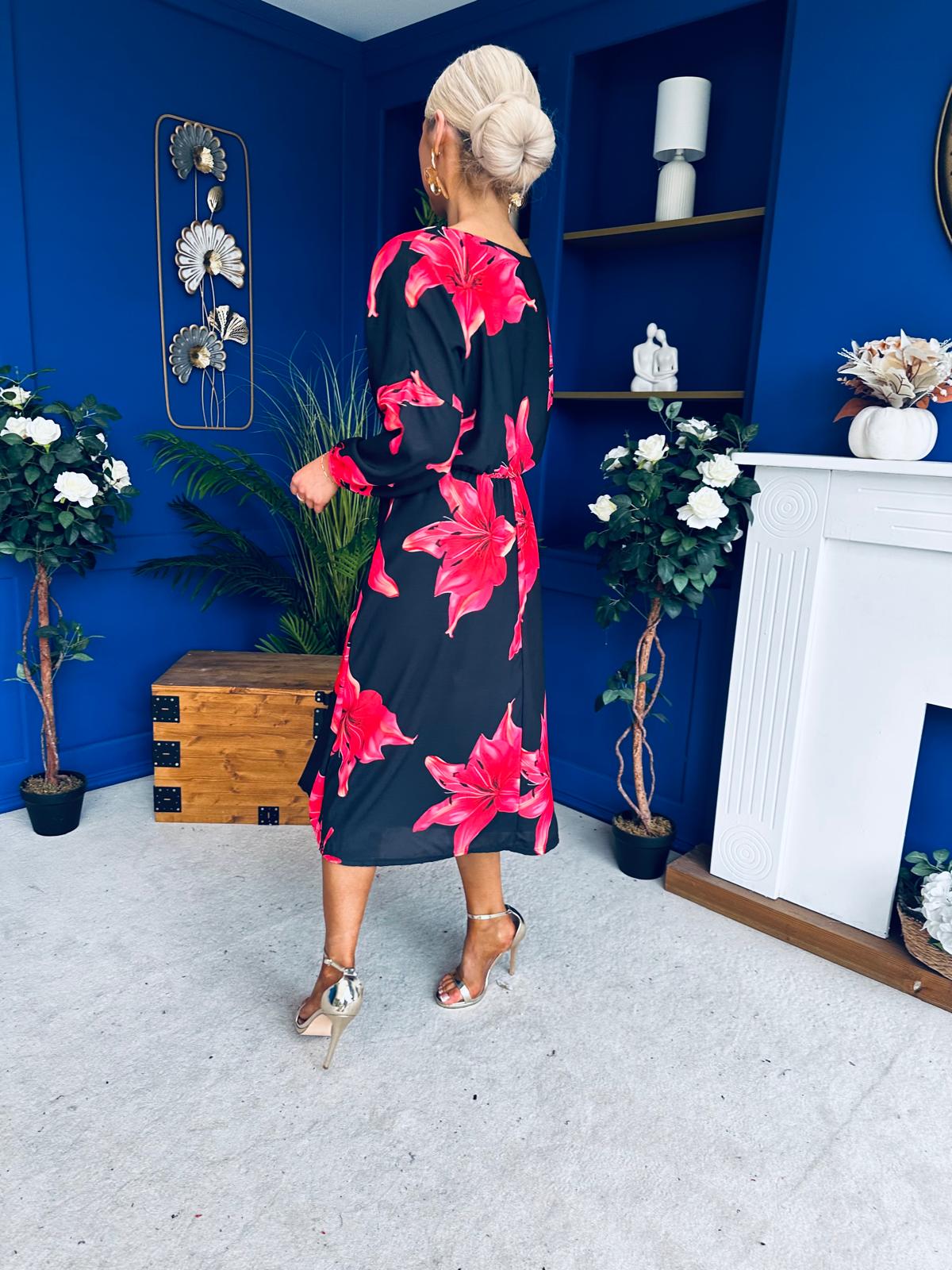 Eabha Detailed Midi Dress Floral Red/Black