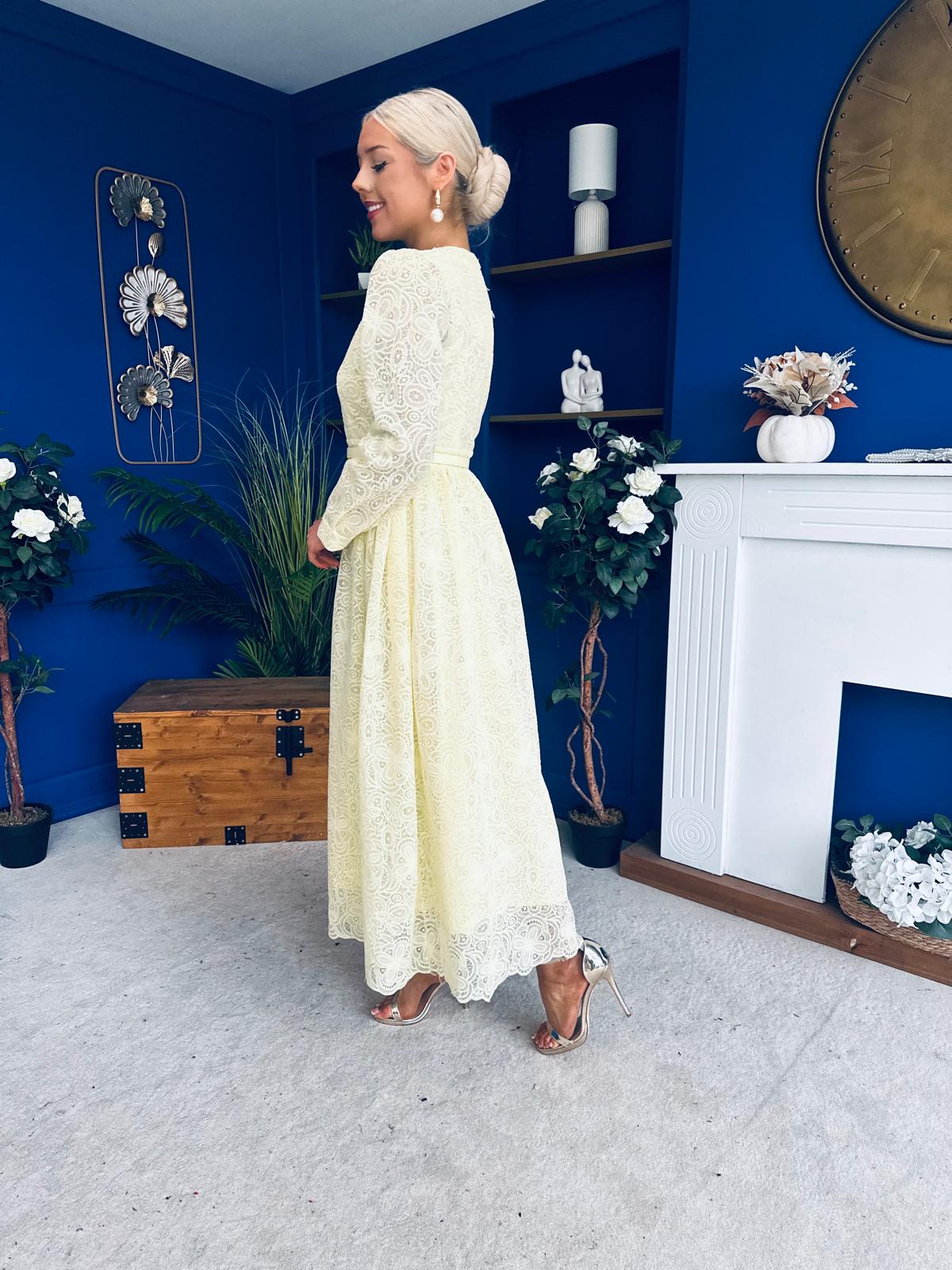 Ellie Crochet Detail Occasion Dress Yellow
