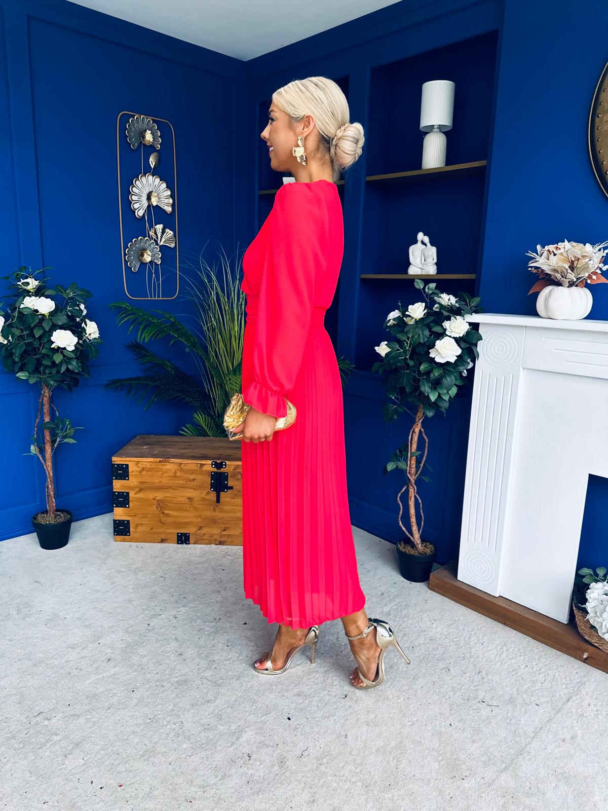 Clodagh Pleat Detailed Midi Dress Coral