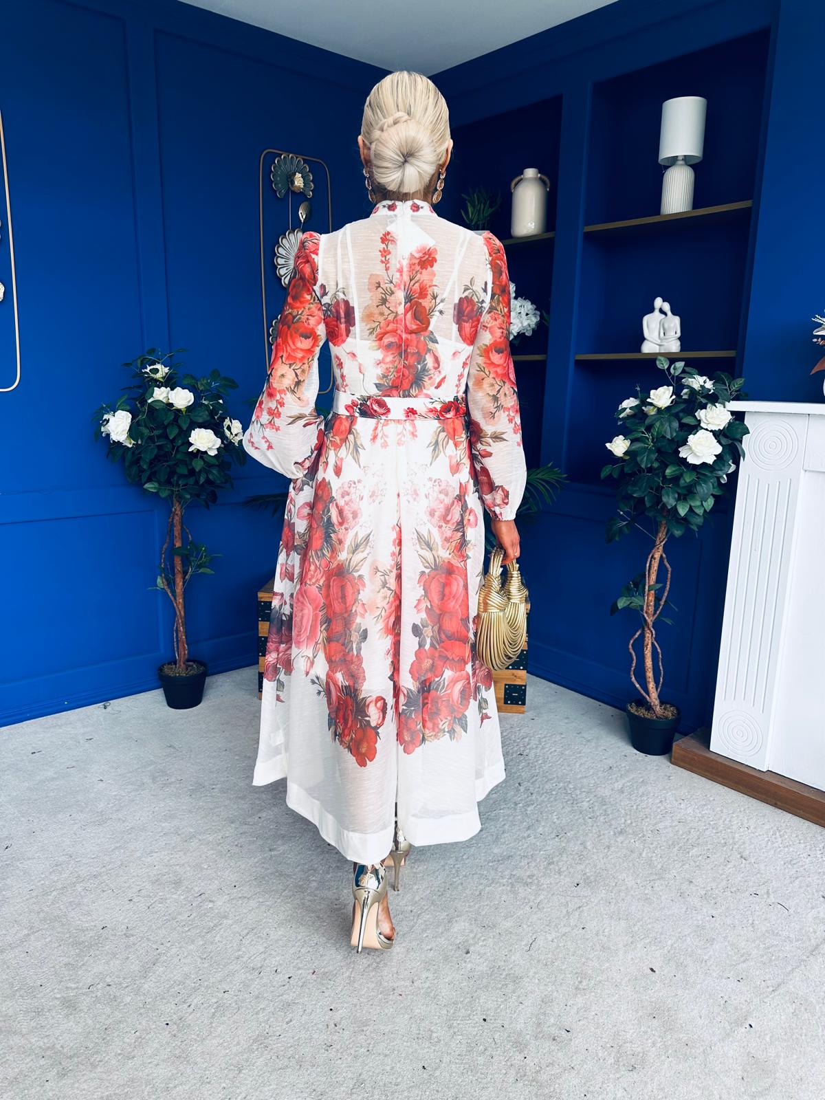 Rosalie Button Detail Midi Shirt Dress Floral Ruby
