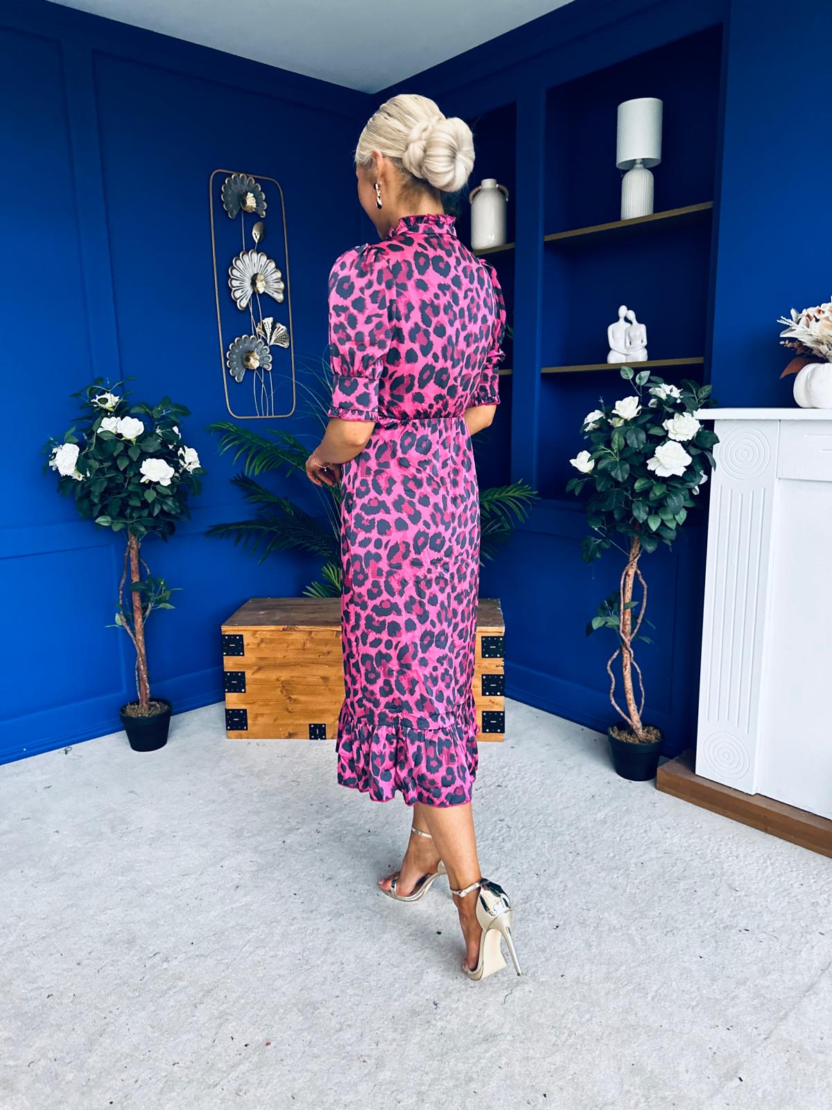 Kirsty Ruffle Hem Midi Dress Pink Leopard