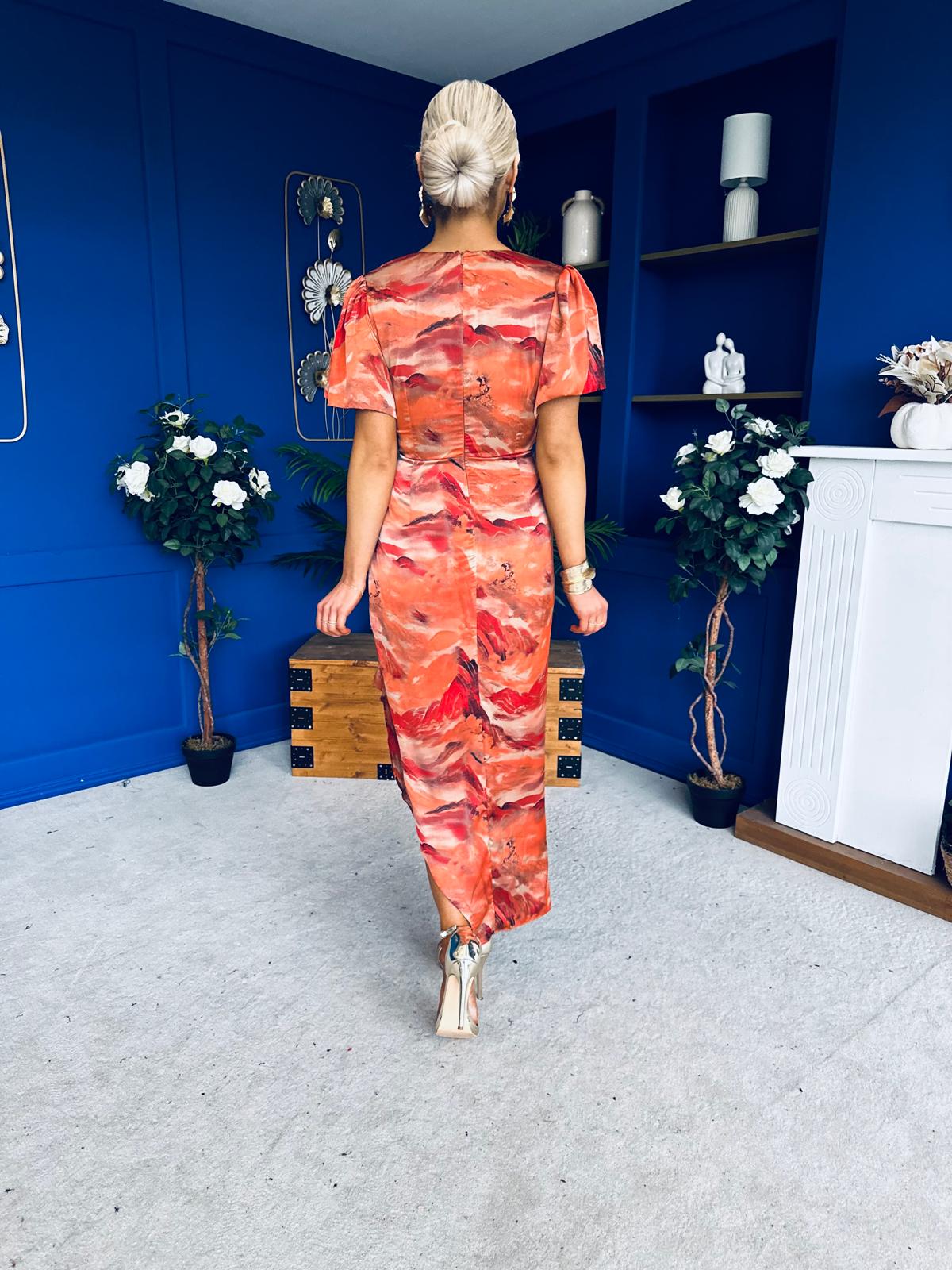 Drew Puff Sleeve Wrap Front Midi Dress Orange Abstract