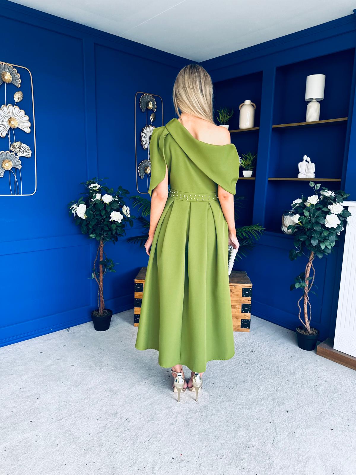 Aideen Pearl Detail Occasion Dress Olive