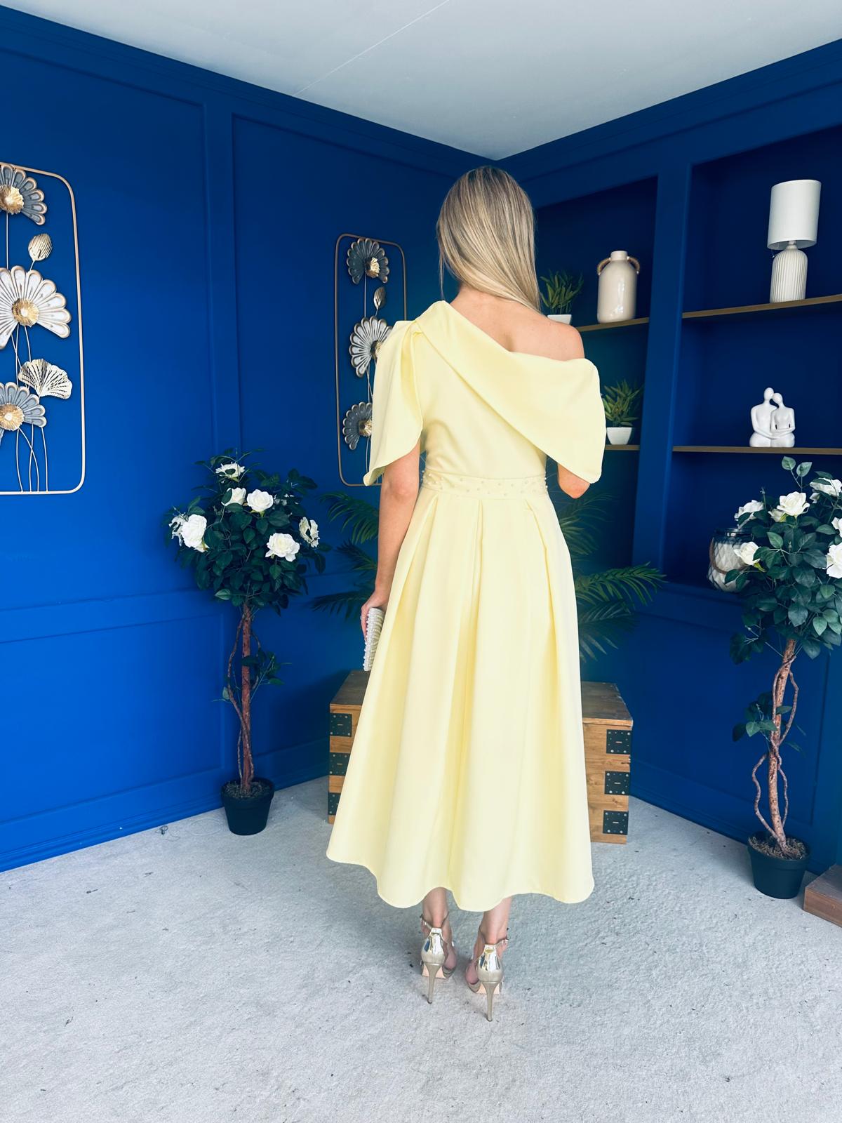 Aideen Pearl Detail Occasion Dress Yellow