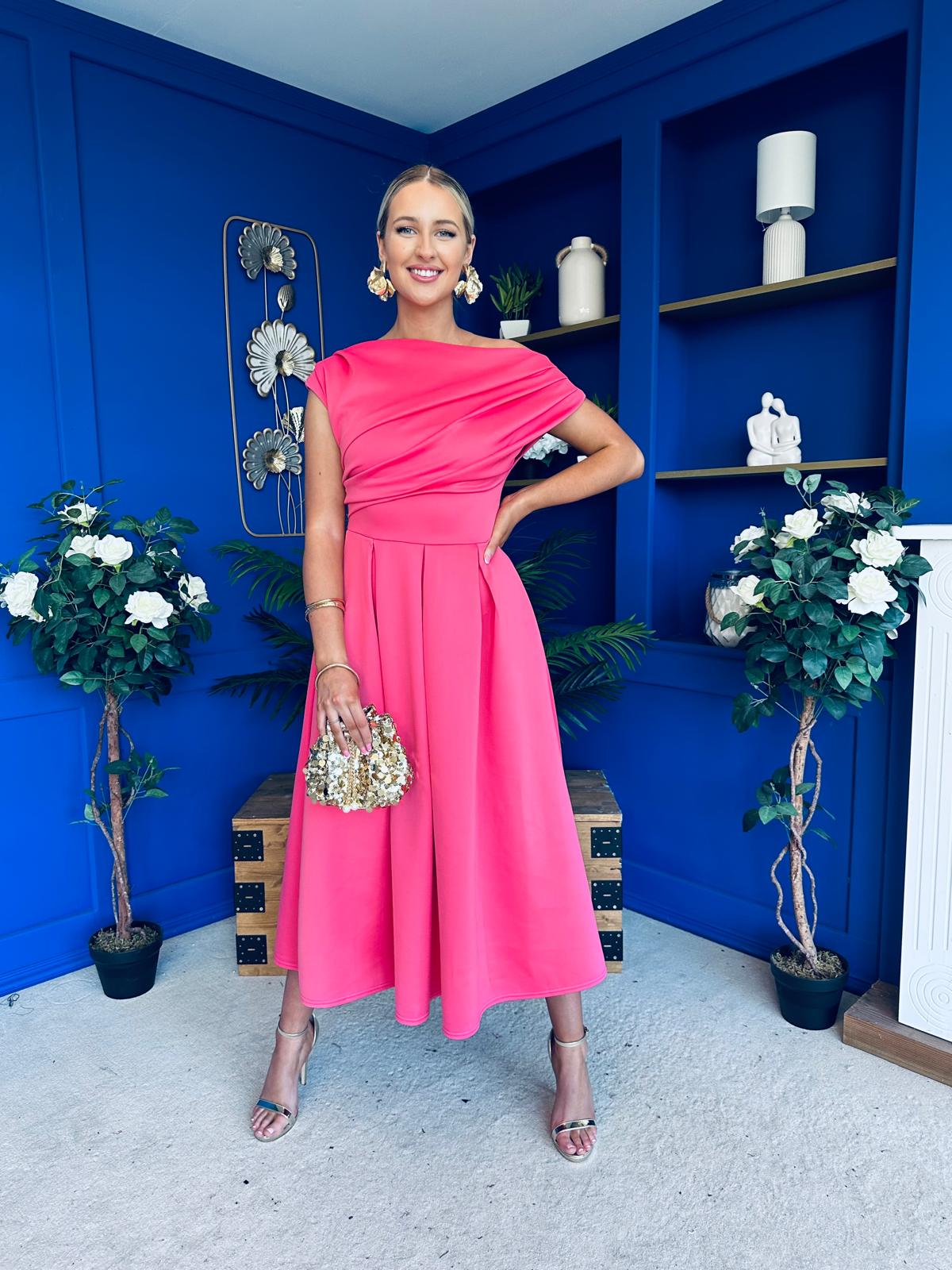coral pink skater dress Breffy Asymmetric Neckline Skater Midi Pink Coral – Canella Lane