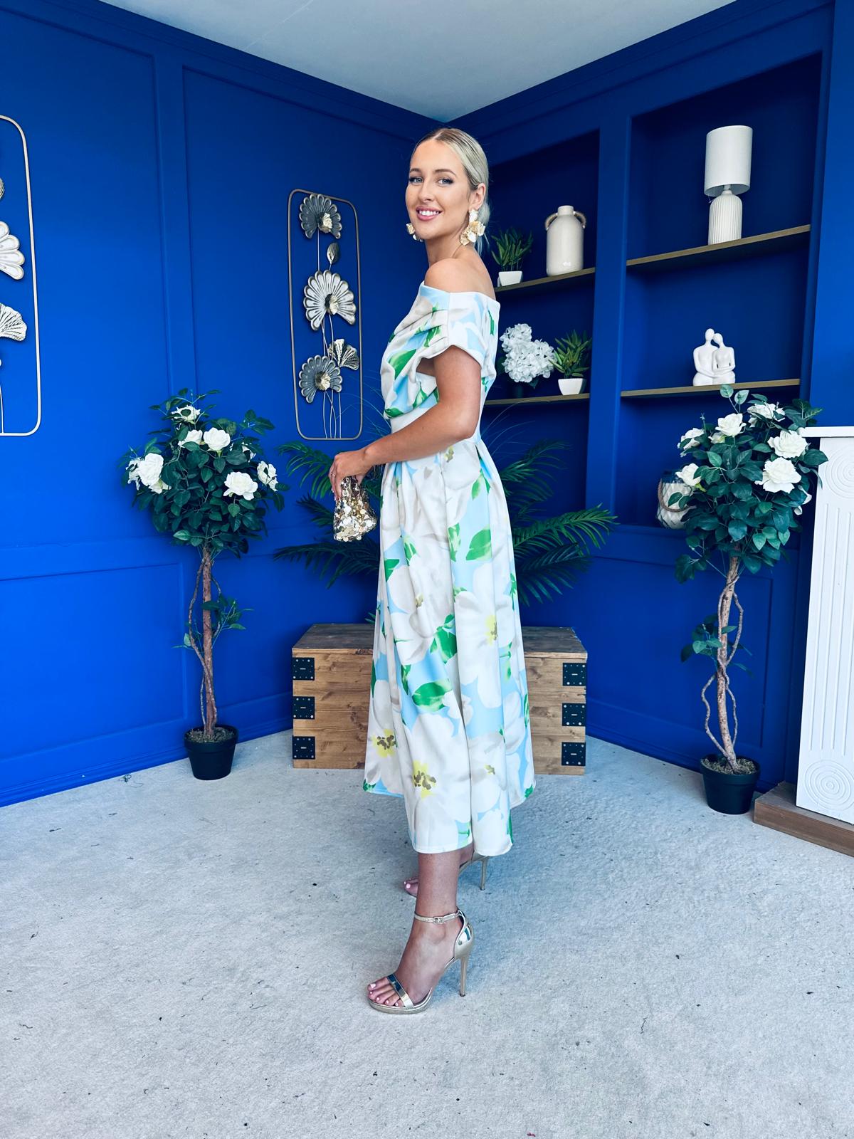 Breffy Asymmetric Neckline Skater Midi Floral Green