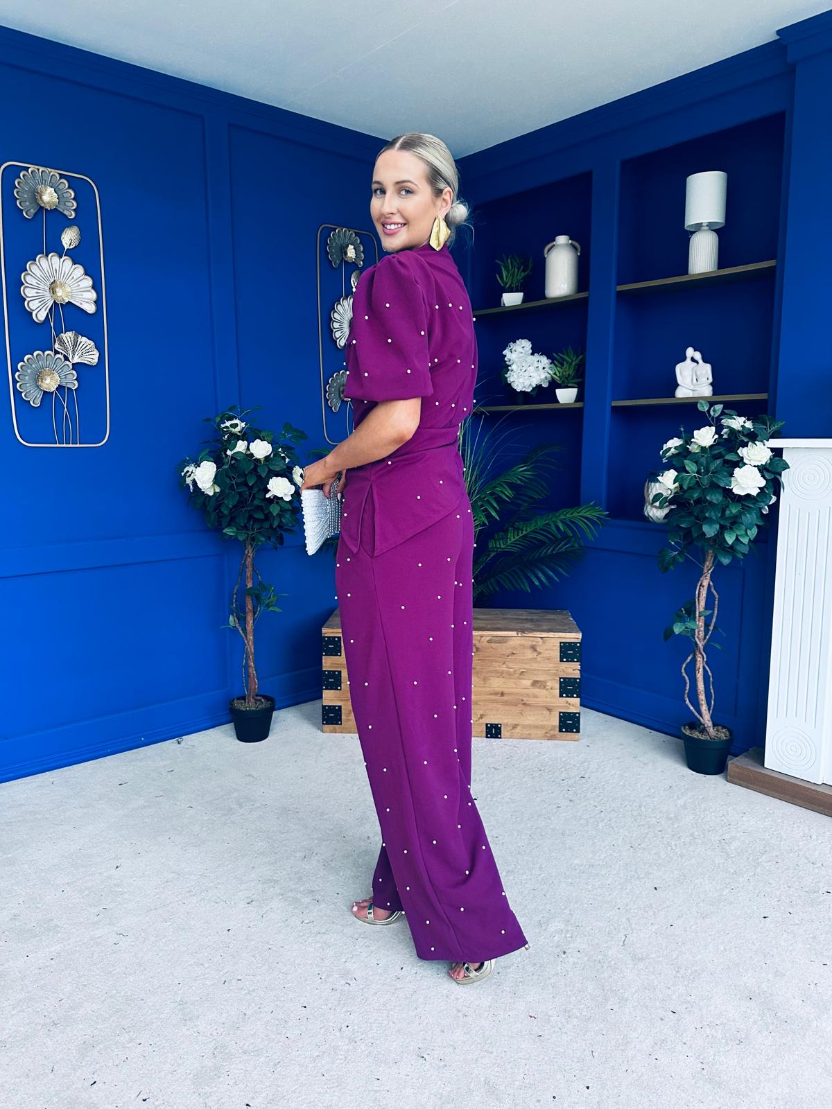 Cliona Pearl Detail Top And Trouser Set Plum