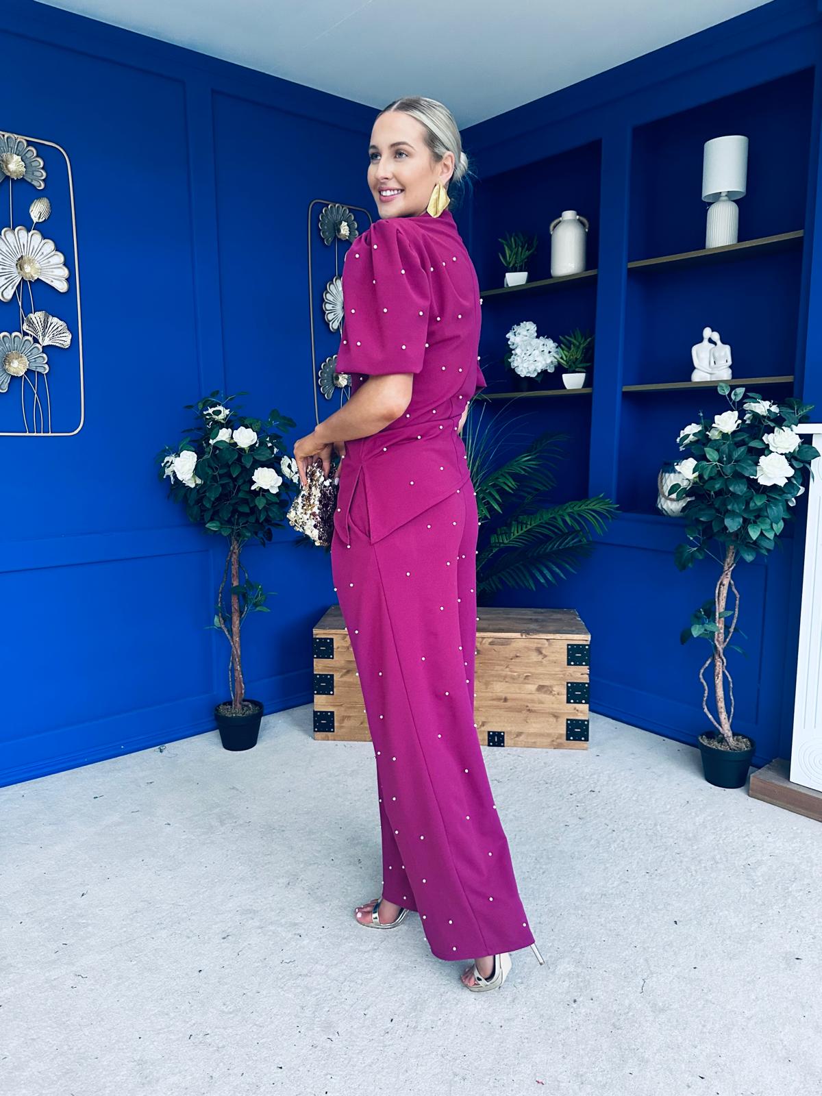 Cliona Pearl Detail Top And Trouser Set Berry
