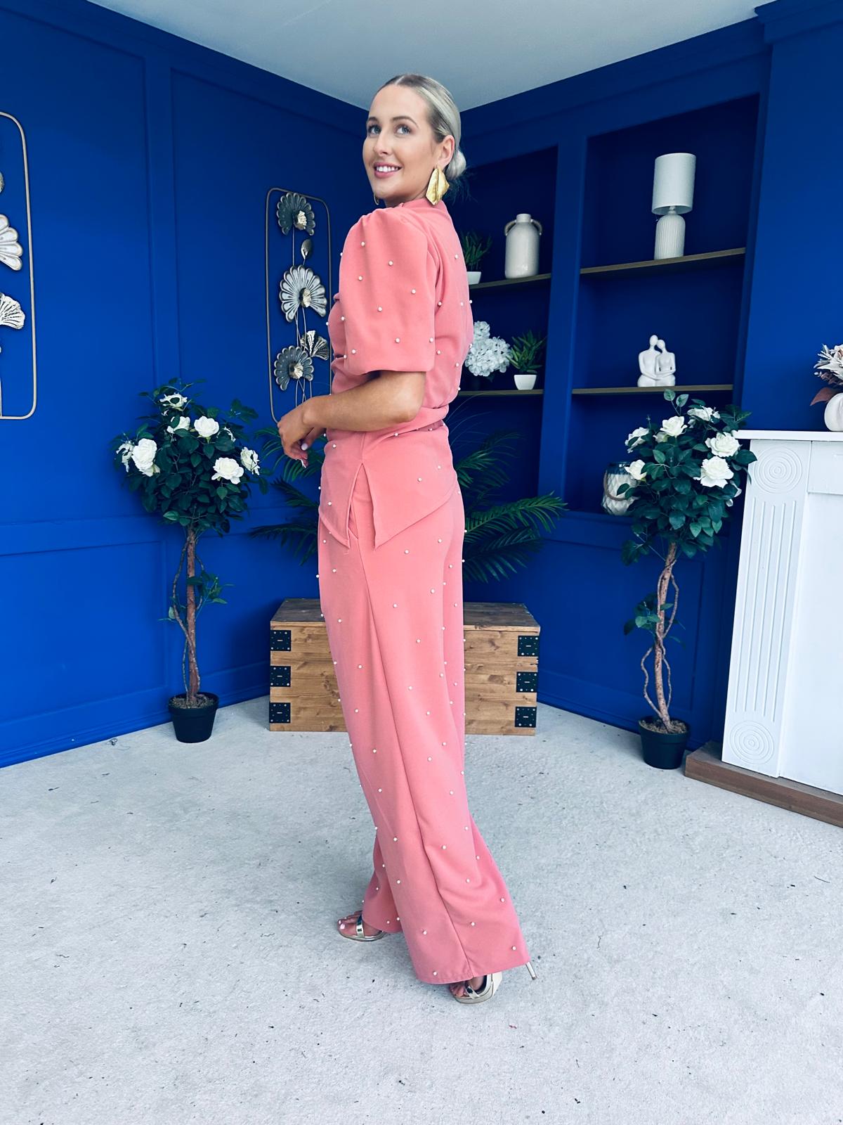 Cliona Pearl Detail Top And Trouser Set Coral