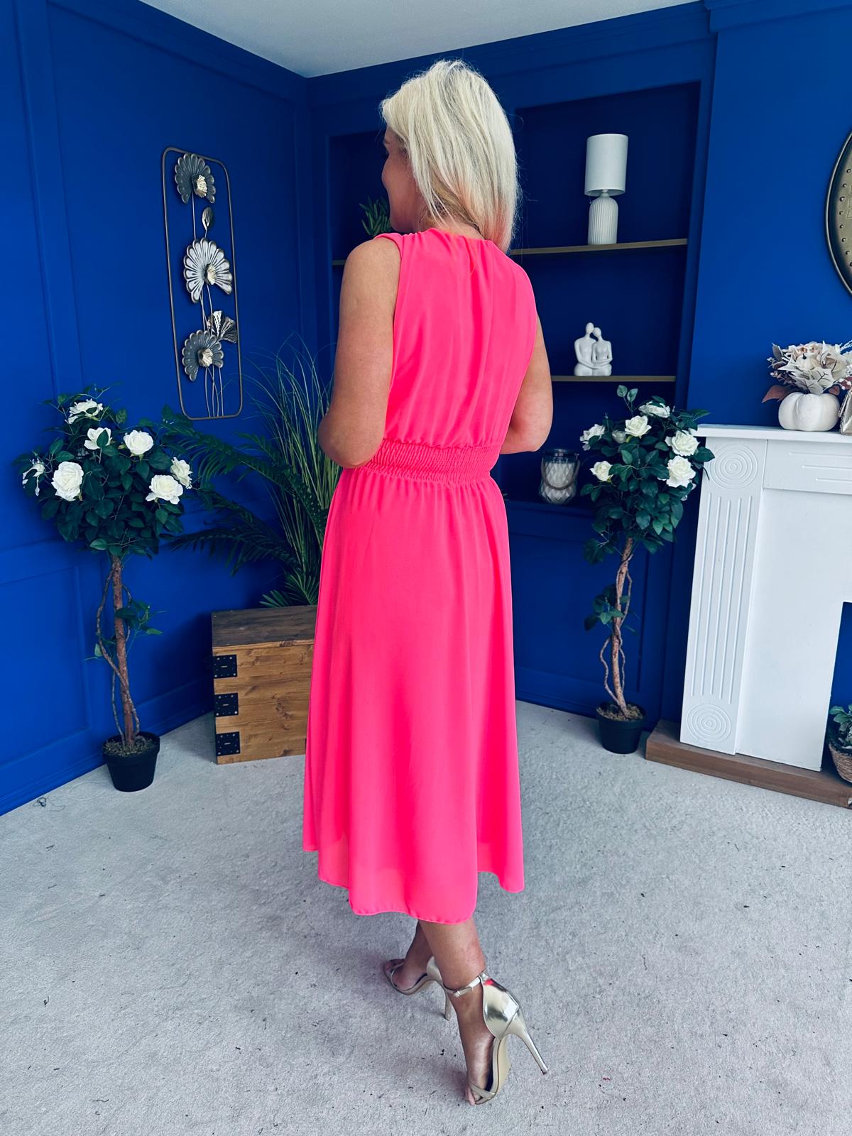 Freya Gathered Detail Midi Dress Neon Pink