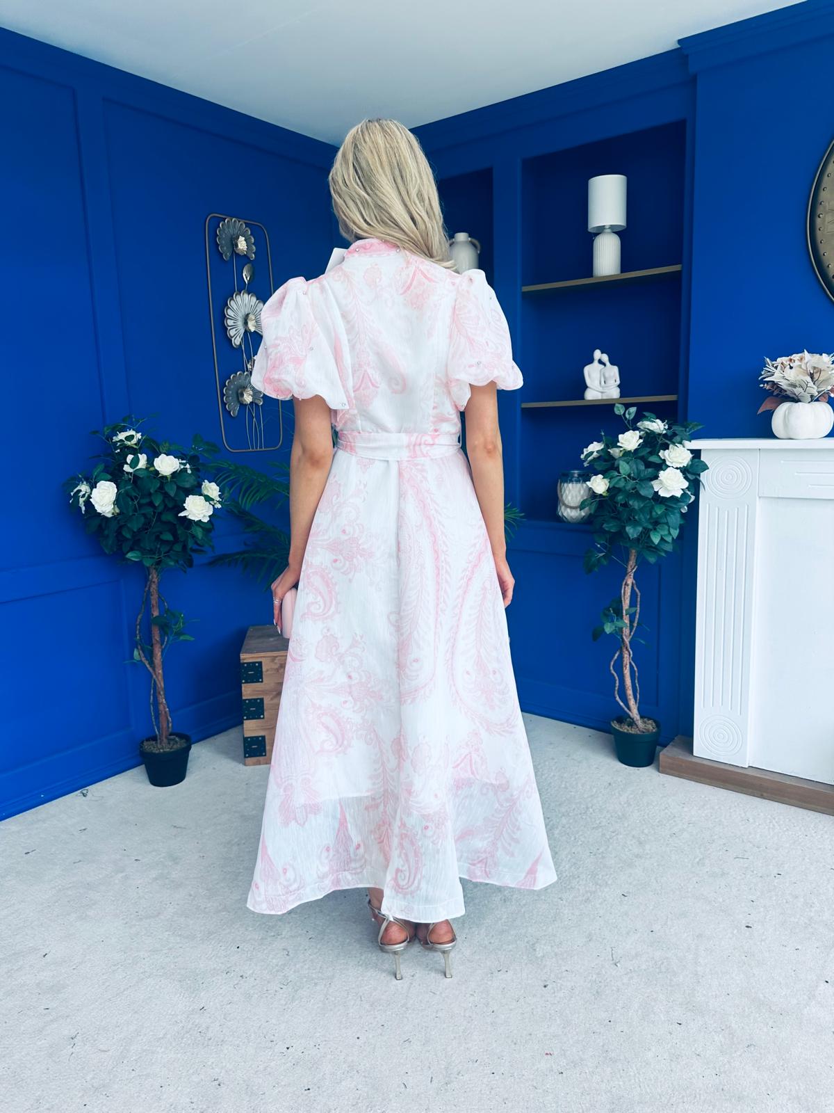Kiley Embellished Midi Shirt Dress White / Pink