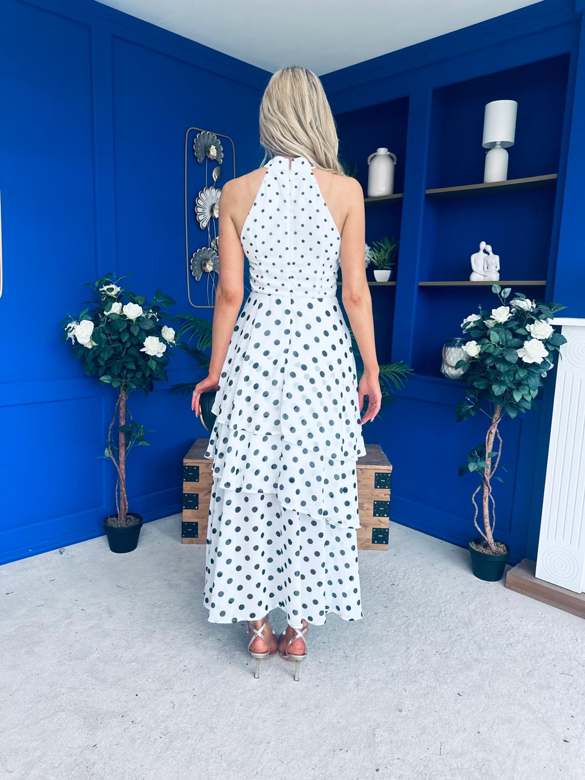 Iris Halterneck Layered Maxi Dress Polka White