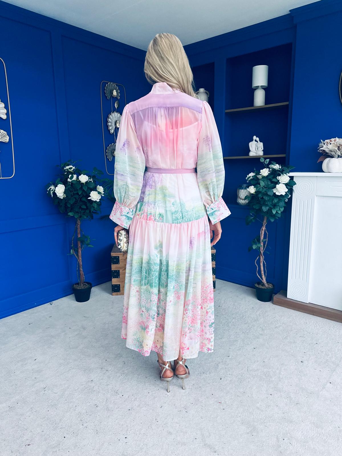 Sophia Button Detail Midi Shirt Dress Floral Ombre