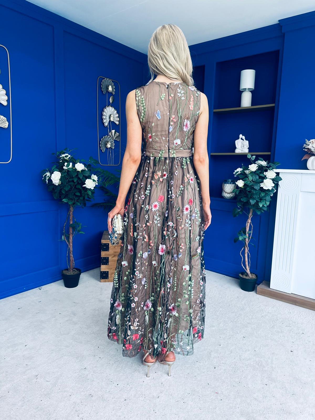 Eila Embroidered Tulle Occasion Dress Black