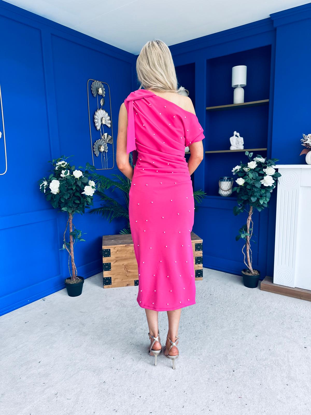 Monica Bow Detail Pearl Embellished Dress Pink