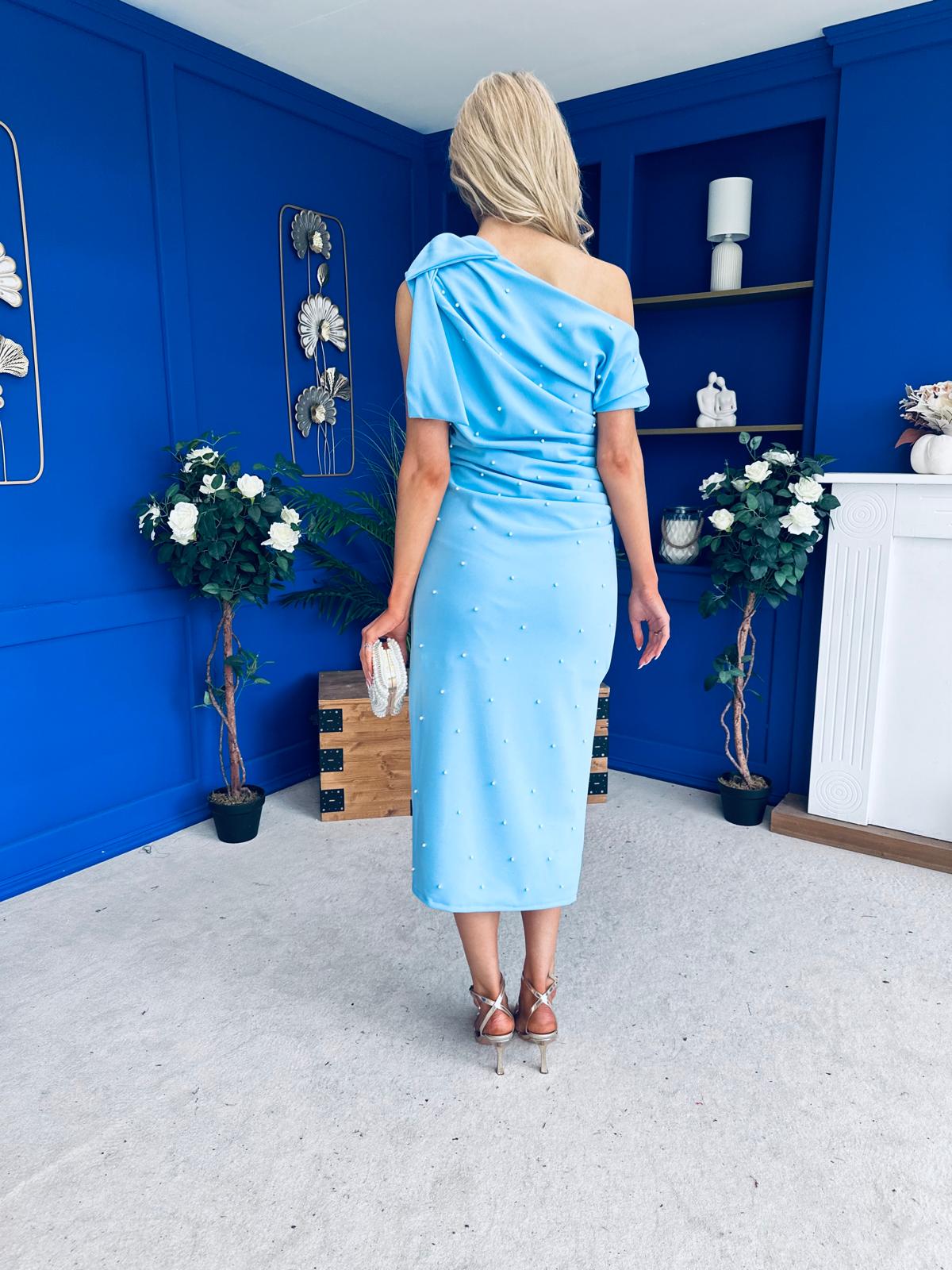 Monica Bow Detail Pearl Embellished Dress Pwr Blue