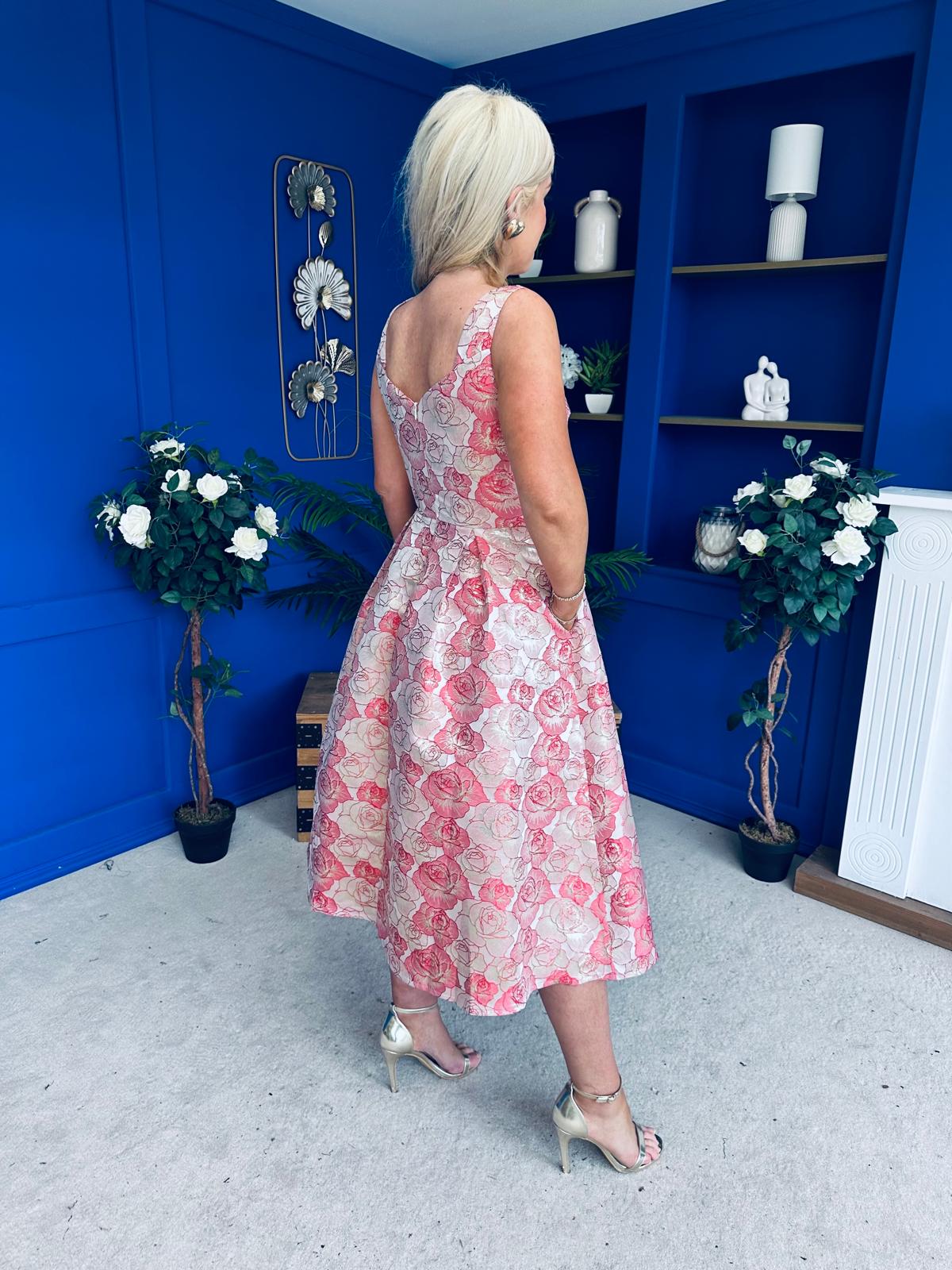 Celia Square Neck Jacquard Occasion Dress Coral