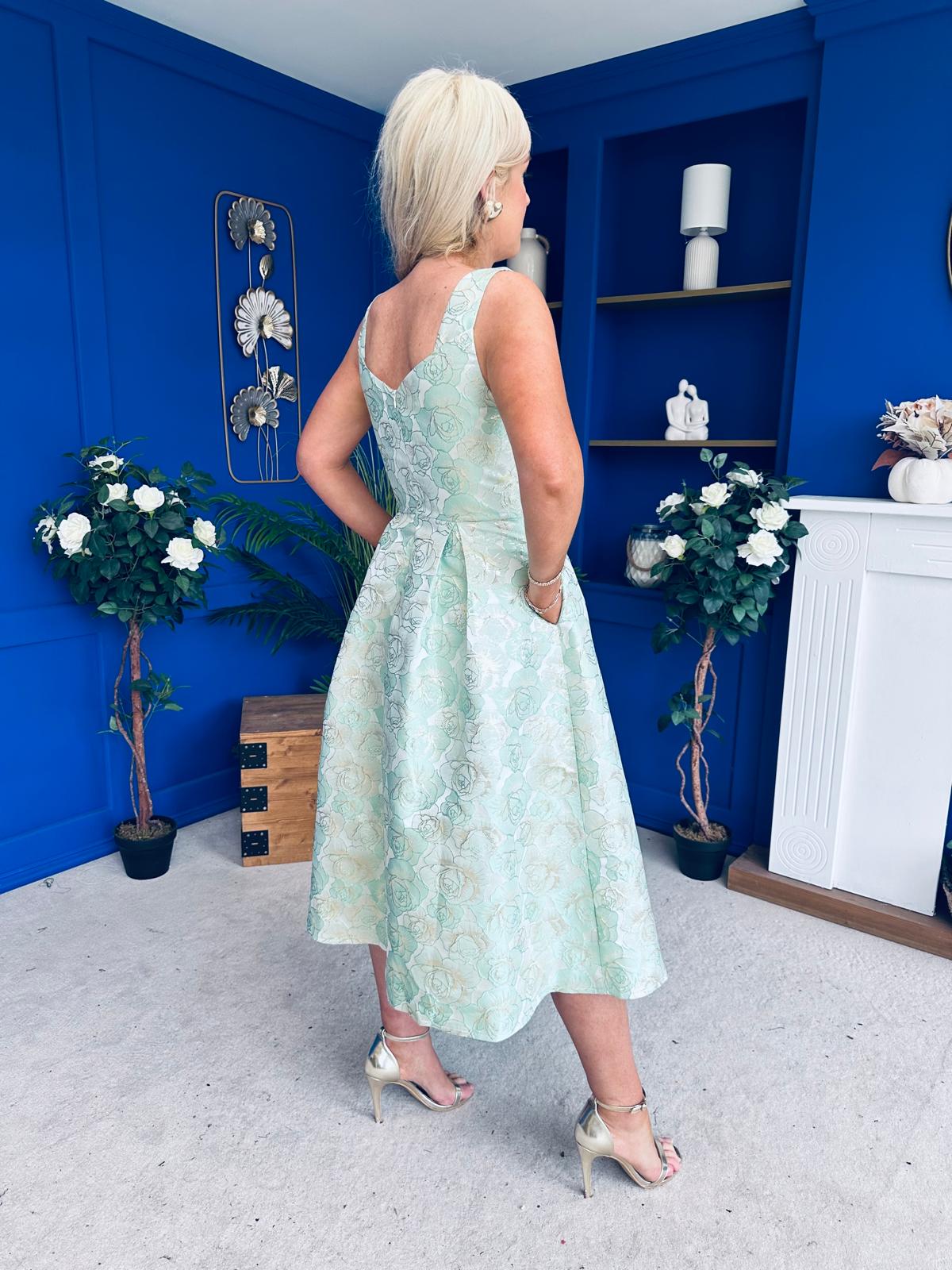 Celia Square Neck Jacquard Occasion Dress Mint