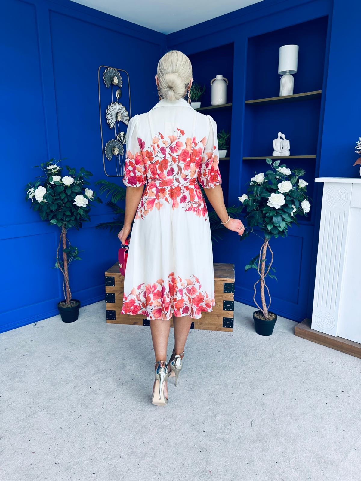 Holland Collar Midi Dress Cream & Pink