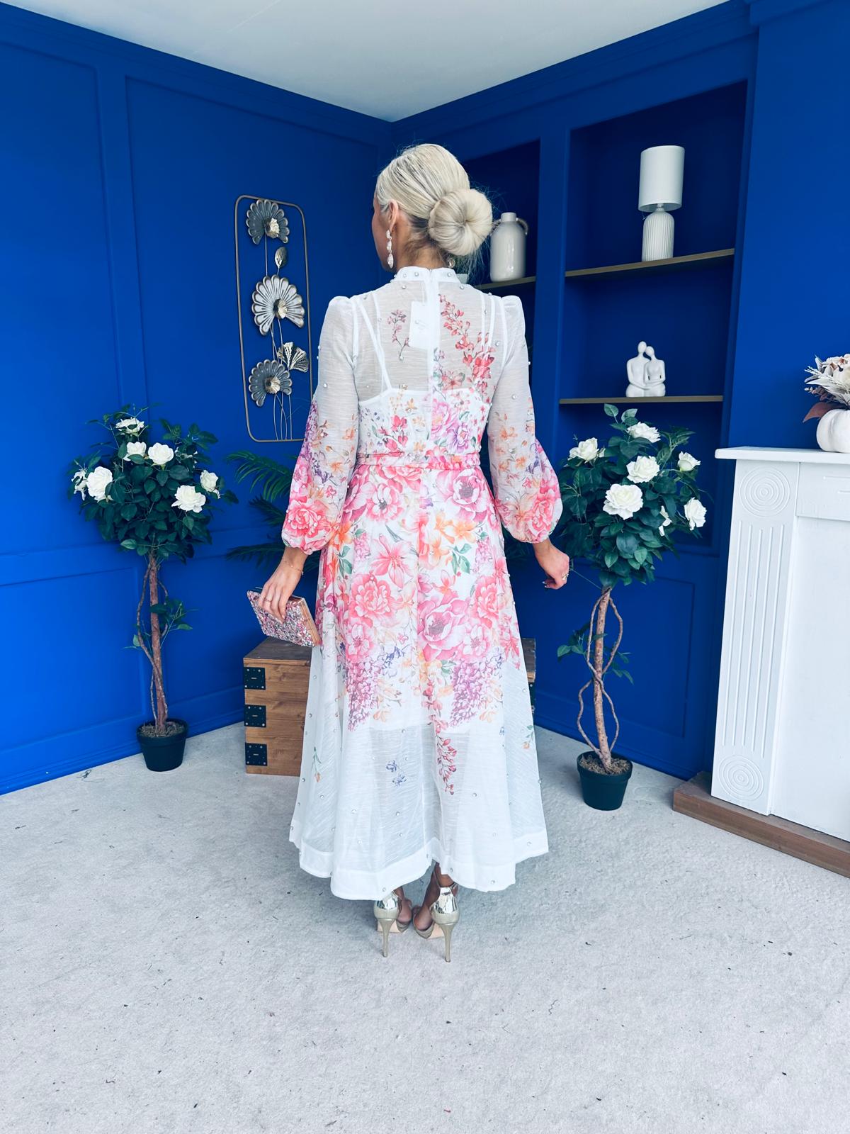 Bella Embellished Midi Shirt Dress Floral White