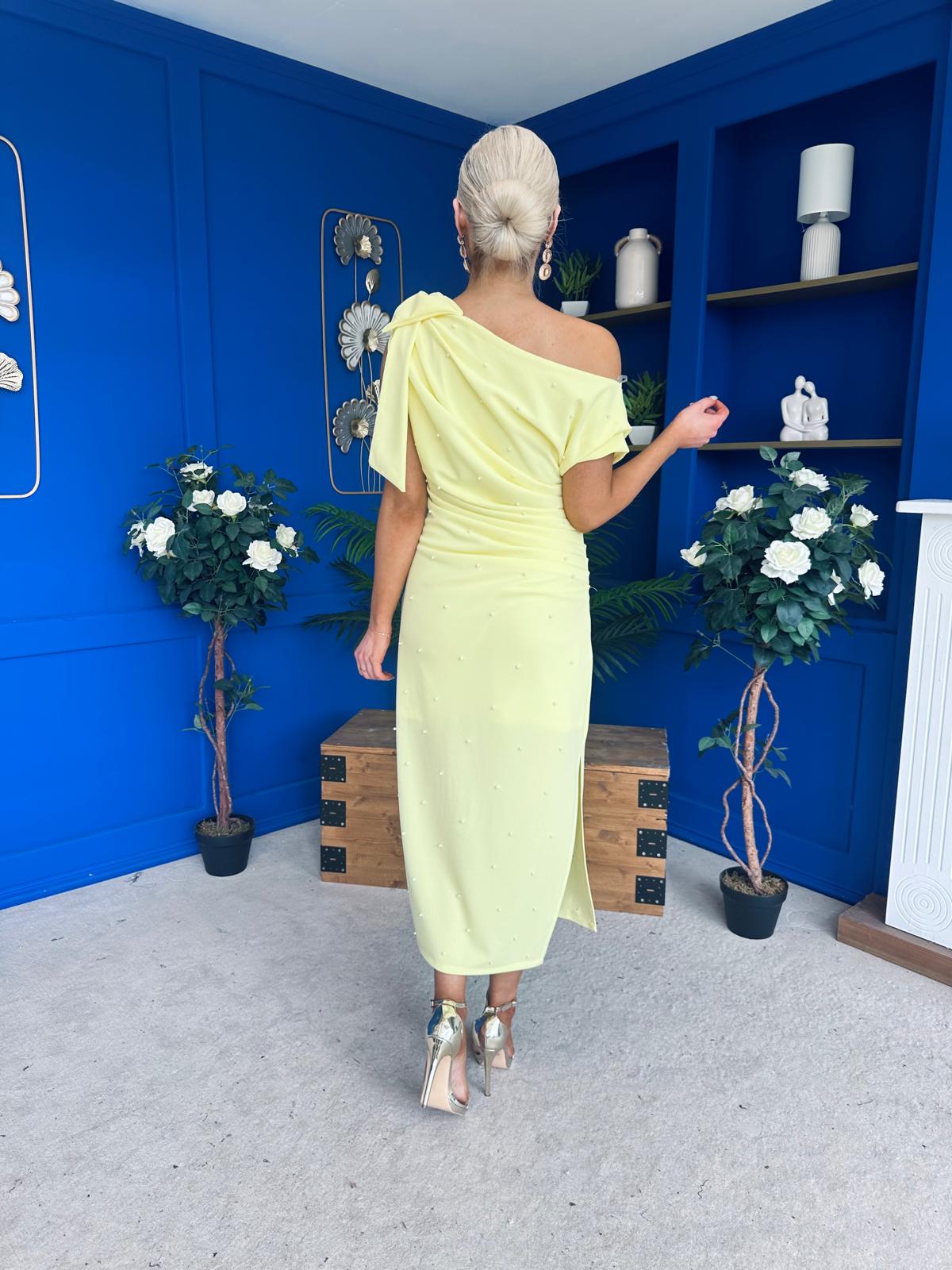 Monica Bow Detail Pearl Embellished Dress Yellow