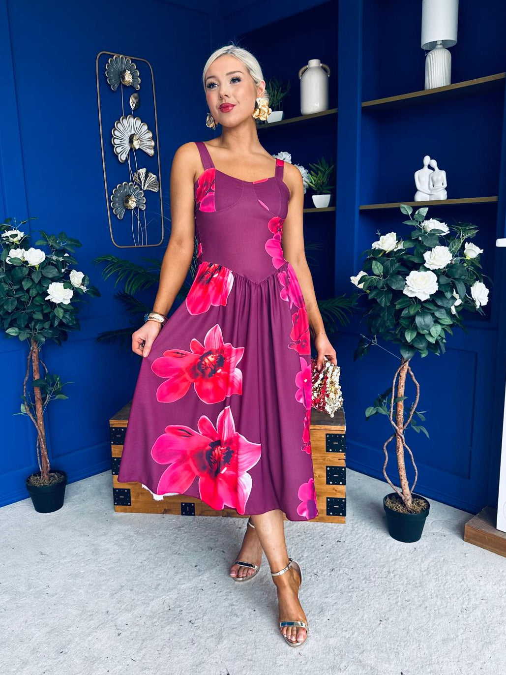 Jude Drop Waist Midi Dress Floral Berry  Canella Lane