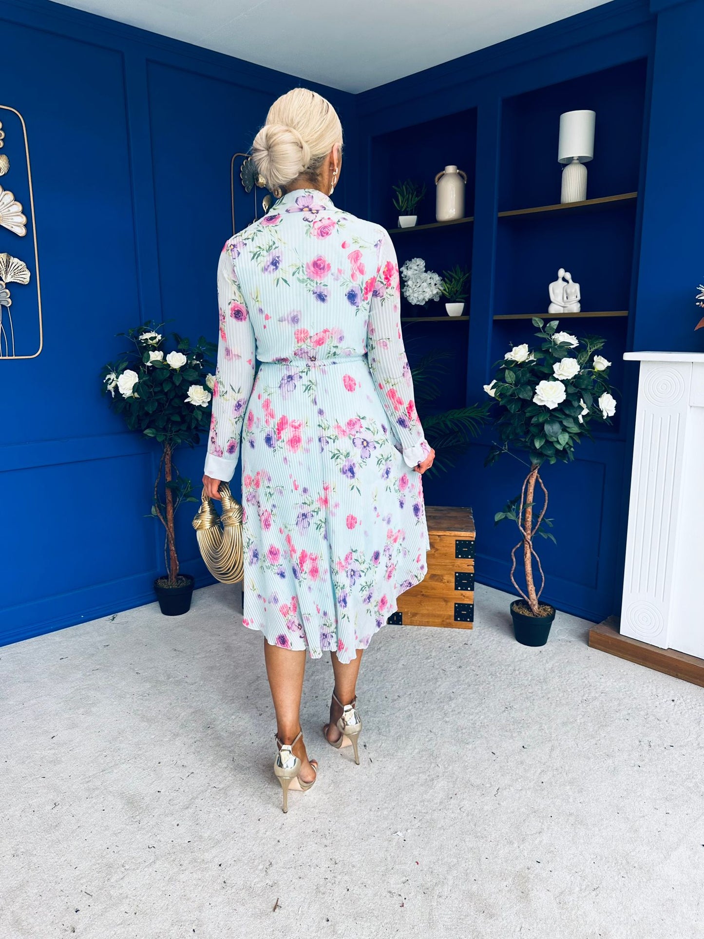 Blaire Detailed Plisse Midi Dress Floral Mint