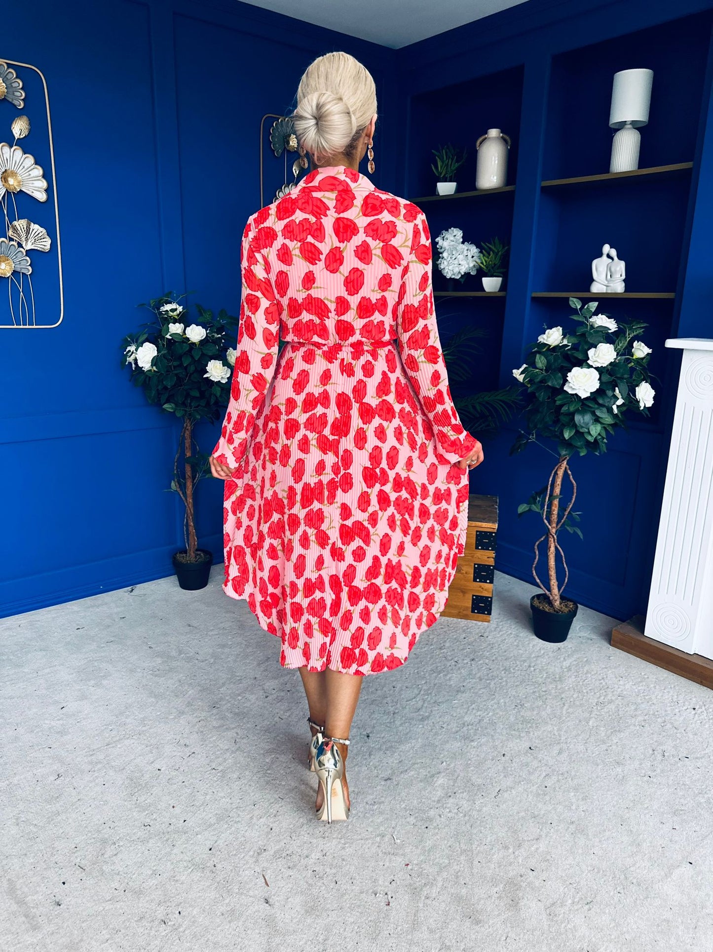Blaire Detailed Plisse Midi Dress Floral Pink