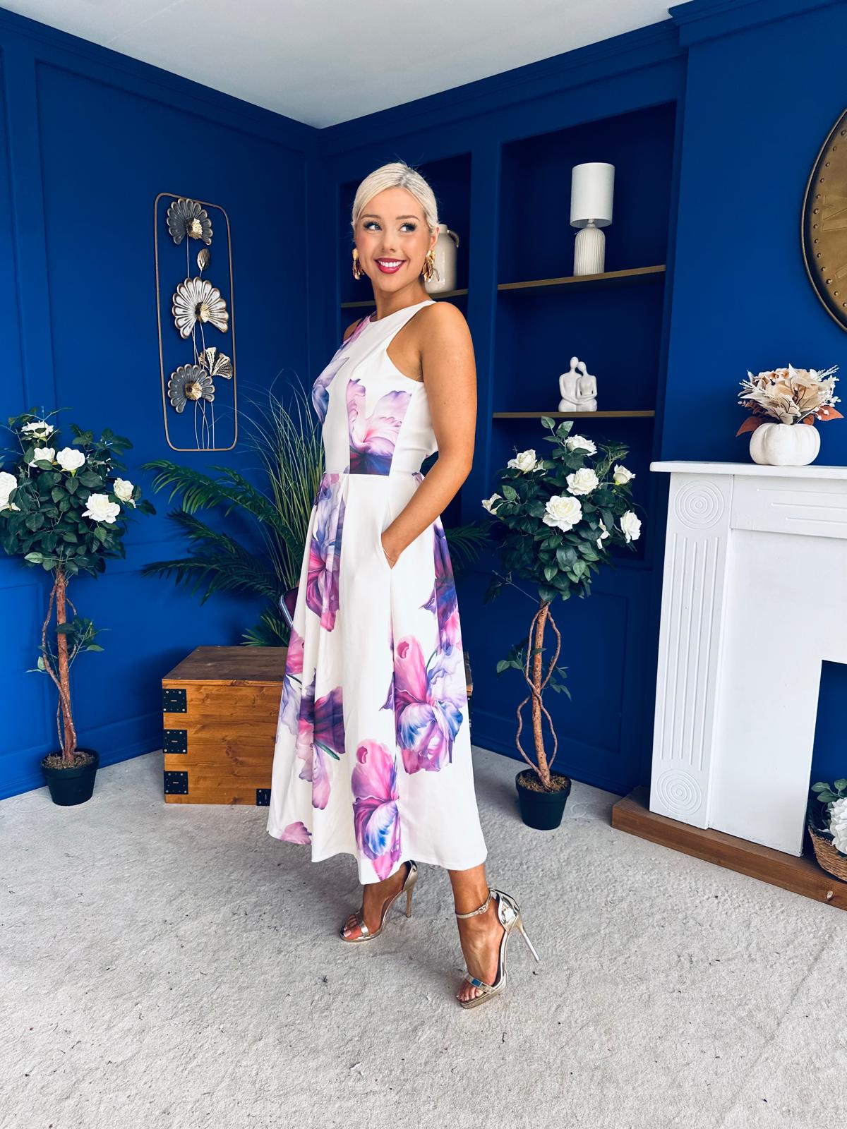 Miah Floral Print Racer Neck Pleated Midi Dress Cream & Lilac