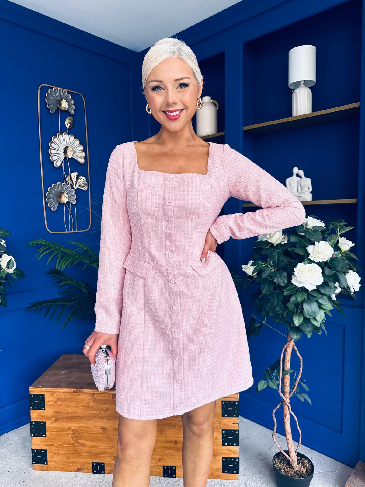 Flora Long Sleeve Tweed Mini Dress Pink Flora Long Sleeve Tweed Mini Dress Pink