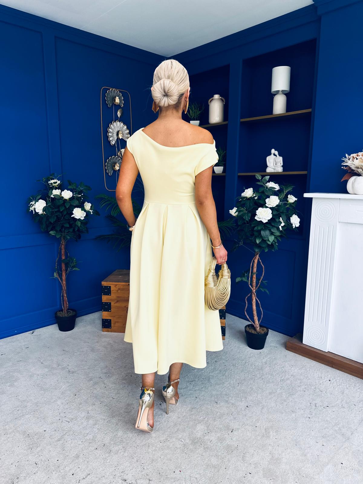 Breffy Asymmetric Neckline Skater Midi Yellow