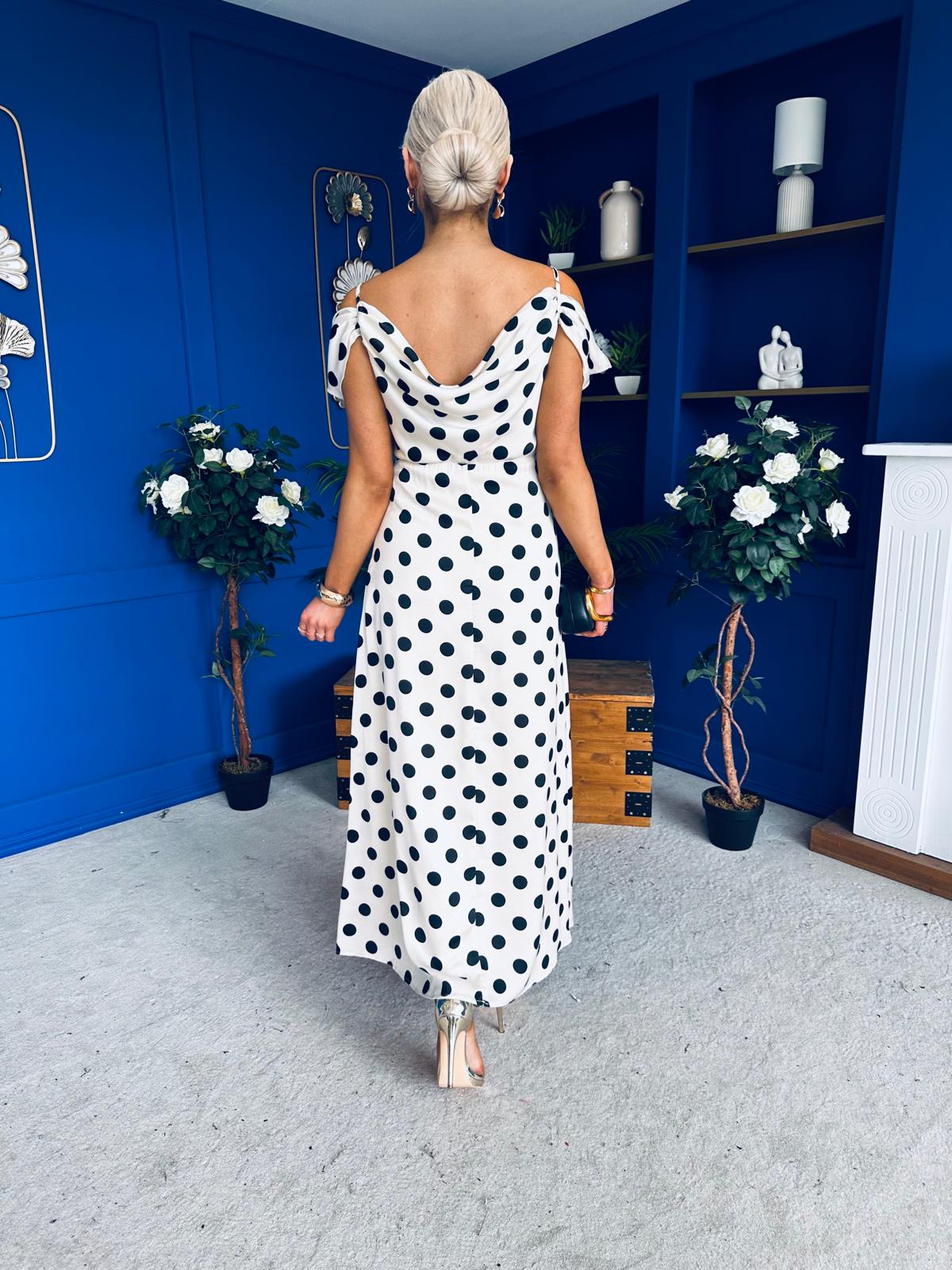 Julie Cowl Neck Maxi Dress Polka Cream