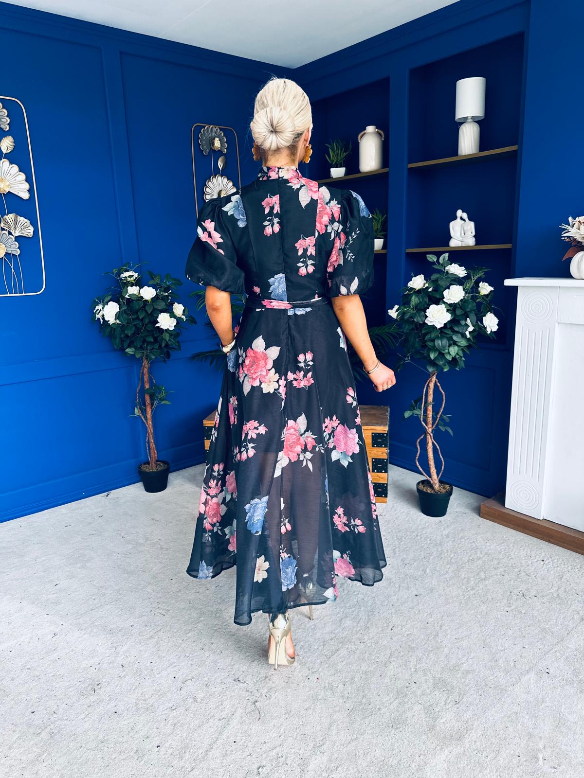 Elizabeth Detailed Shirt Dress Floral Black