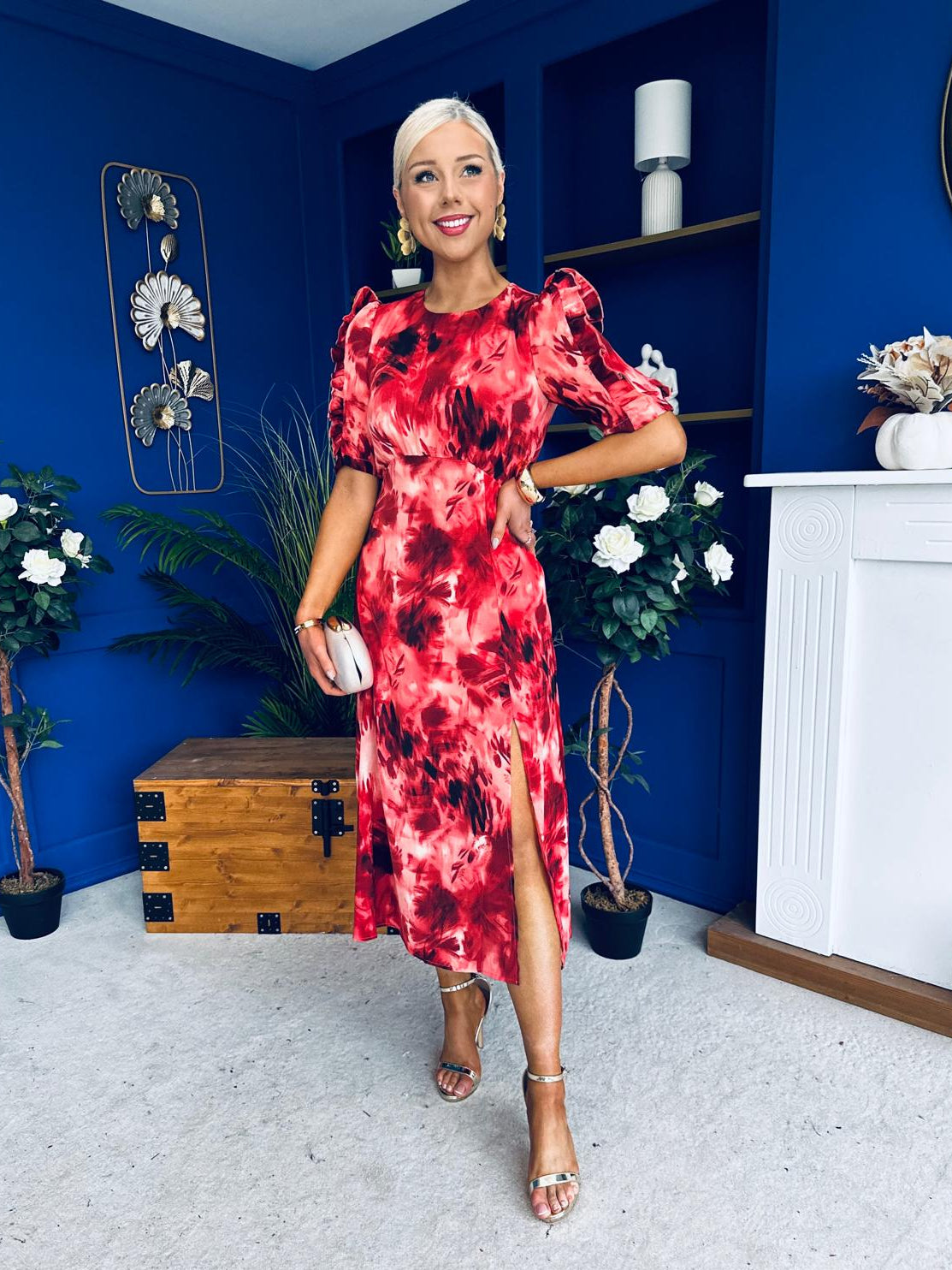 Samira Abstract Frill Sleeve Midi Dress Rouge – Canella Lane