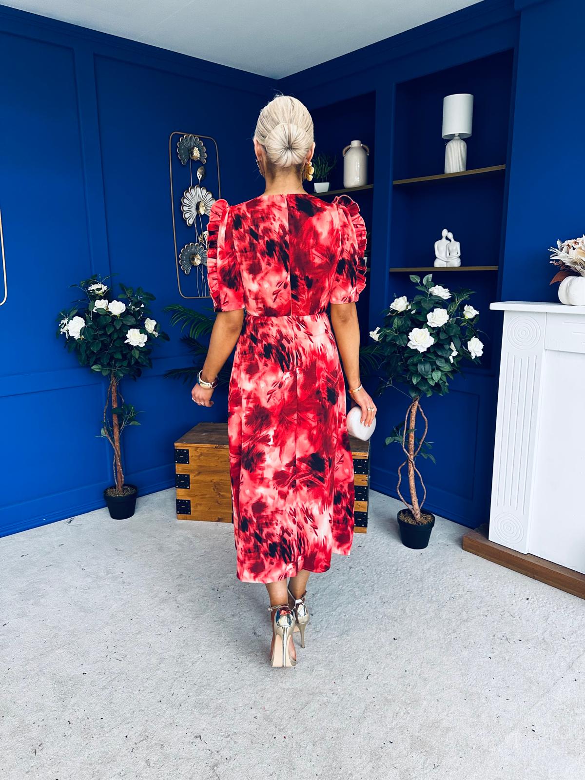 Samira Abstract Frill Sleeve Midi Dress Rouge