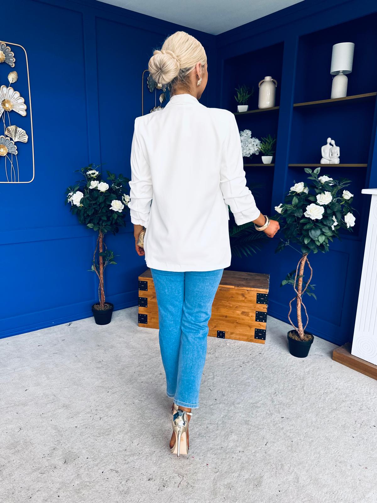 Sarah Gathered Sleeve Blazer White