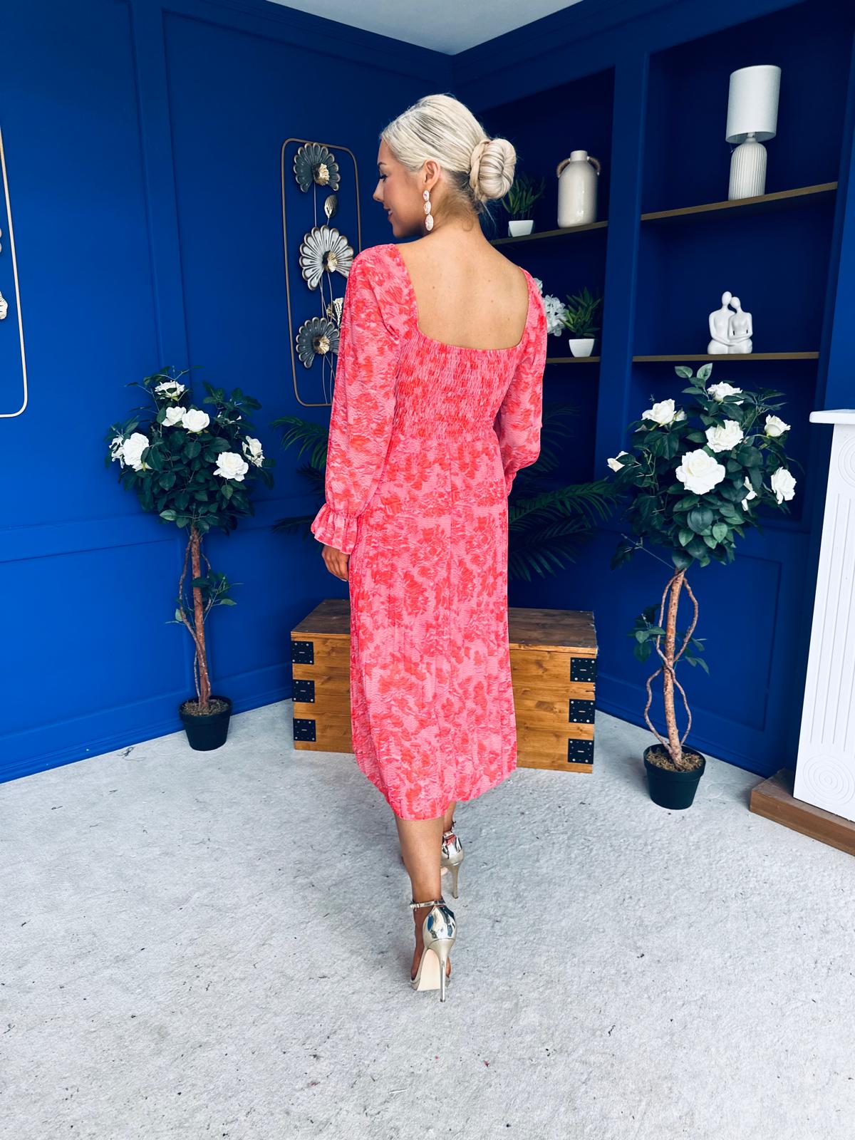 Roisin Detailed Midi Dress Floral Coral