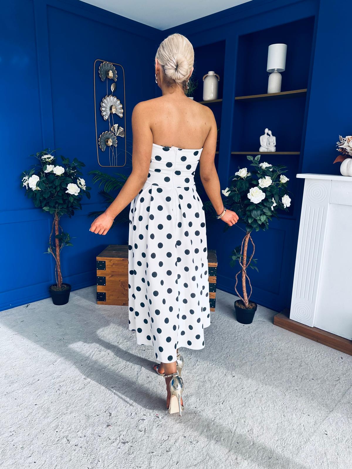 Danni Strapless Bandeau Midi Dress Polka White