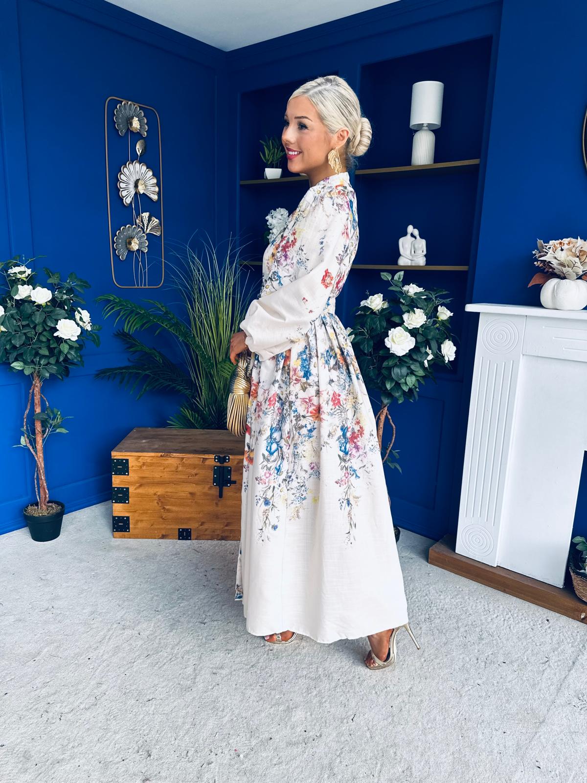 Leona Detailed Shirt Dress Floral Cream